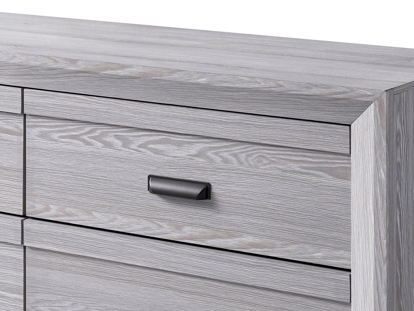Gray wood grain dresser with dark metal drawer pull