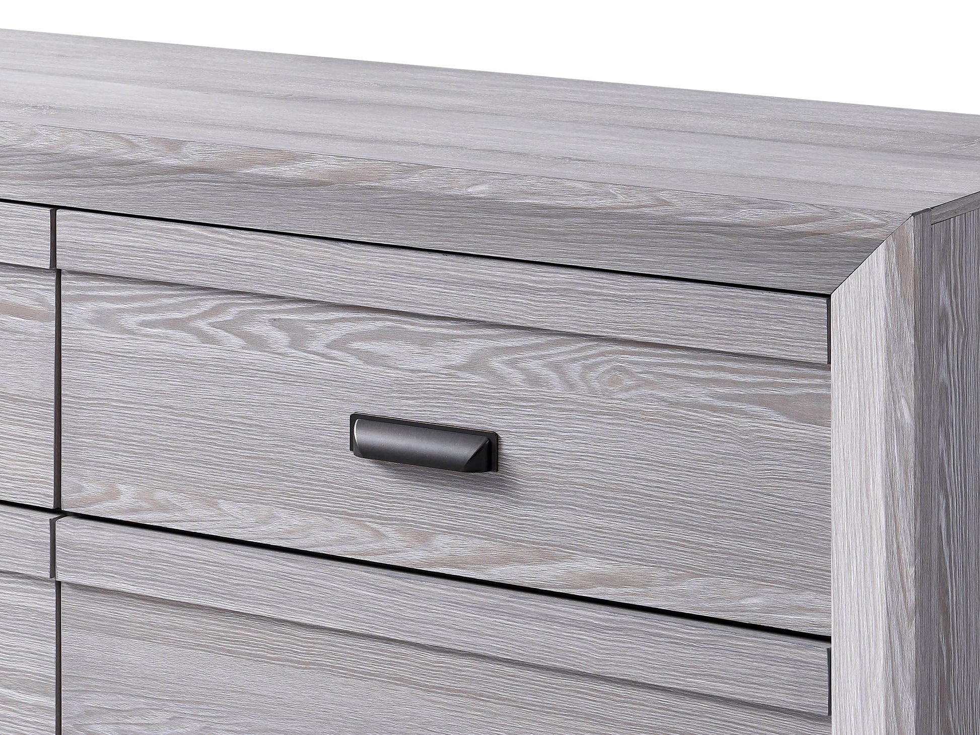 Gray wood grain dresser with dark metal drawer pull