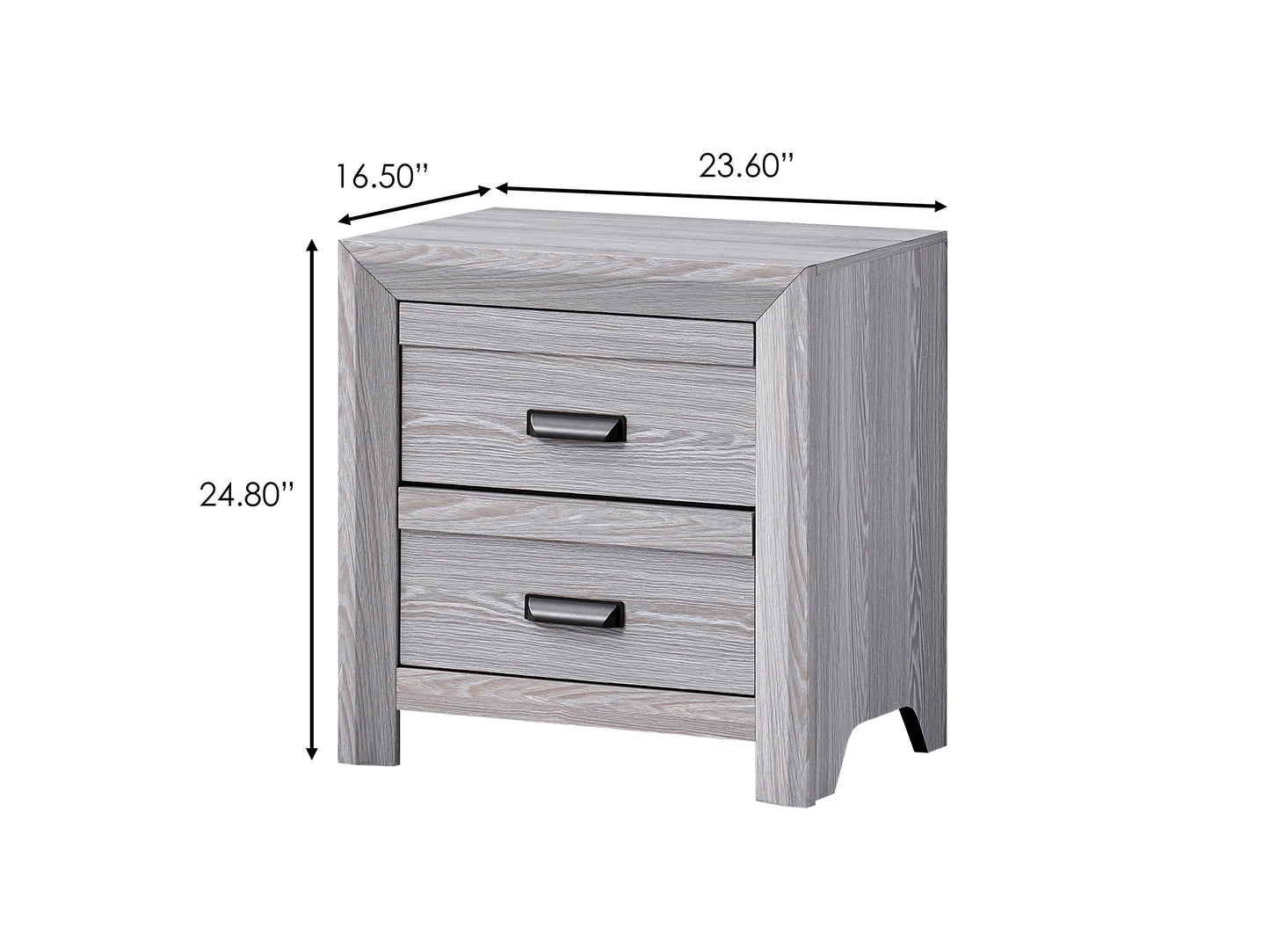 Rustic grey wash wood nightstand with two drawers and modern black pulls