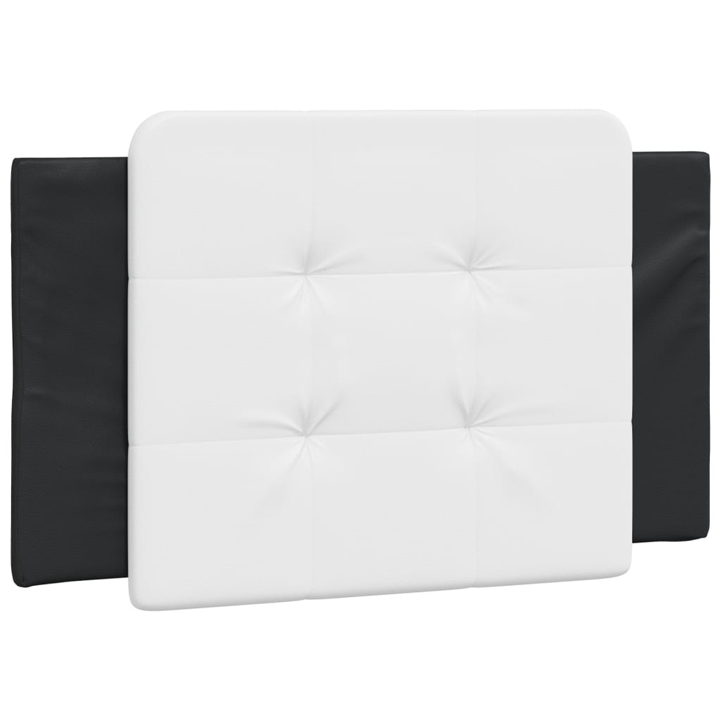 Black upholstered twin bed frame with curved white trim and wooden slats