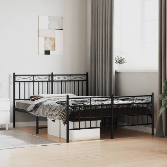 Black metal platform bed frame with ornate headboard and footboard