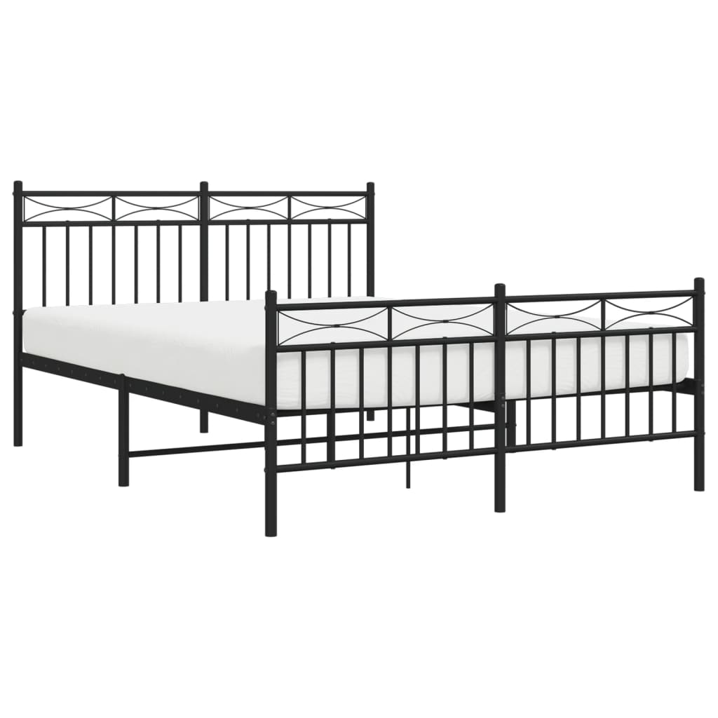 Black metal bed frame with decorative headboard and footboard