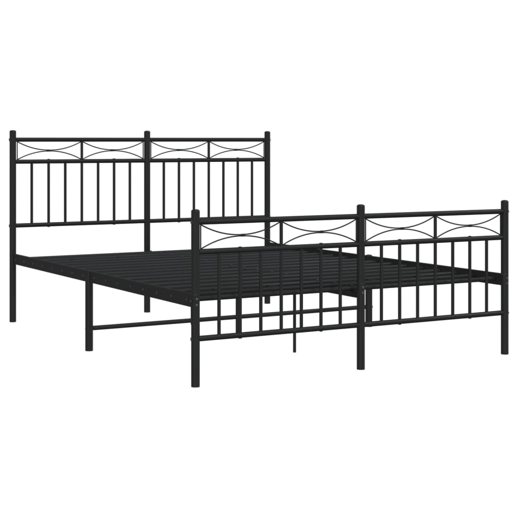 Dark gray metal bed frame with intricate headboard design and patterned bedding