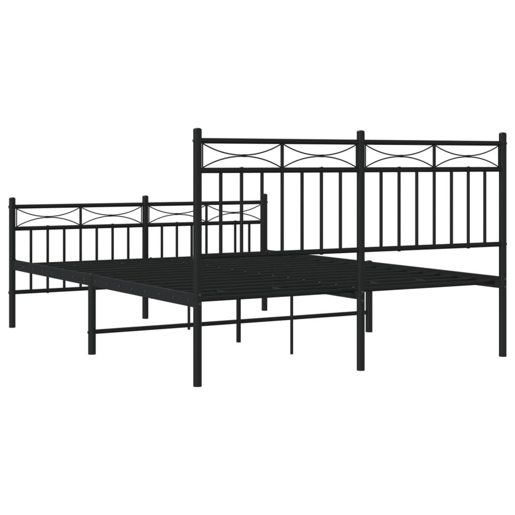 Black metal bed frame with decorative headboard and footboard