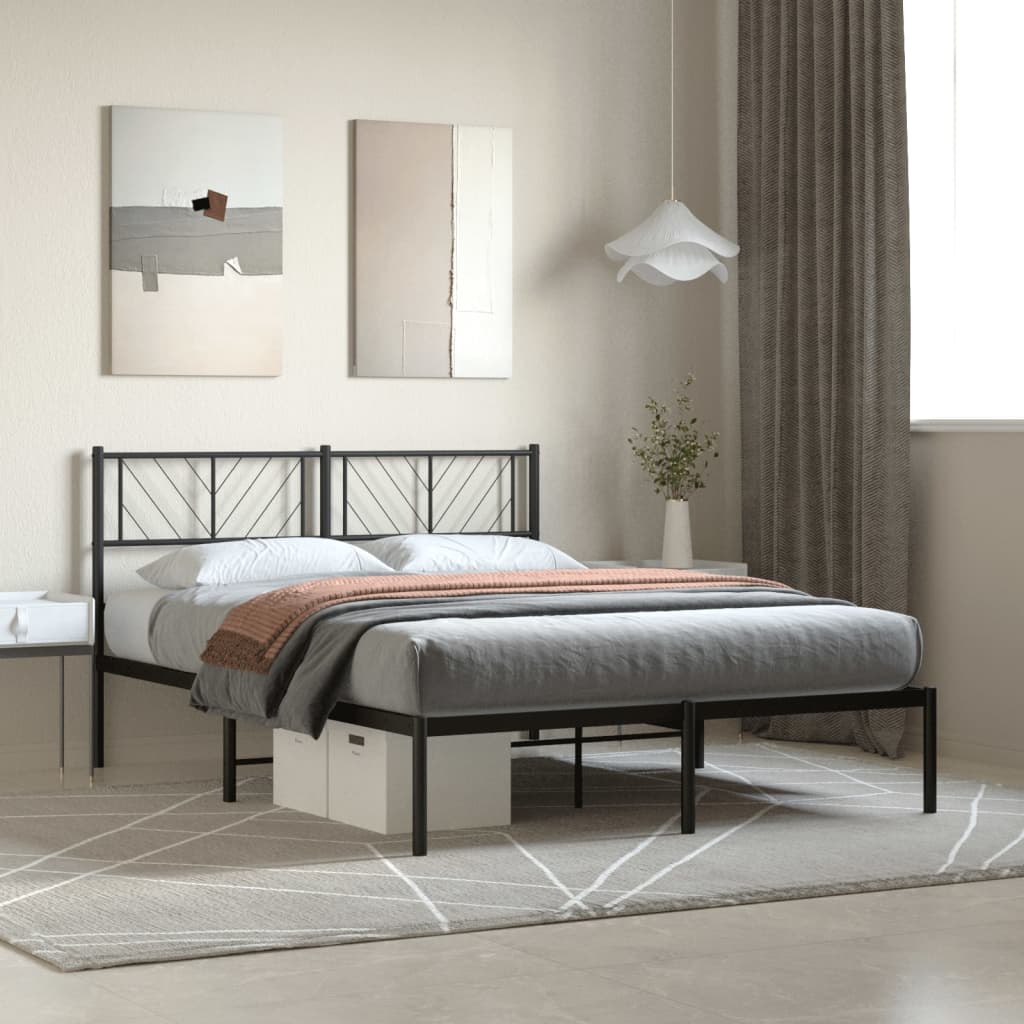 Modern grey metal bed frame with geometric headboard pattern