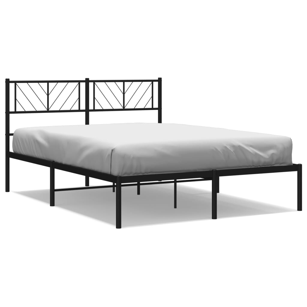 Line drawing of a metal platform bed frame with a geometric headboard showing dimensions