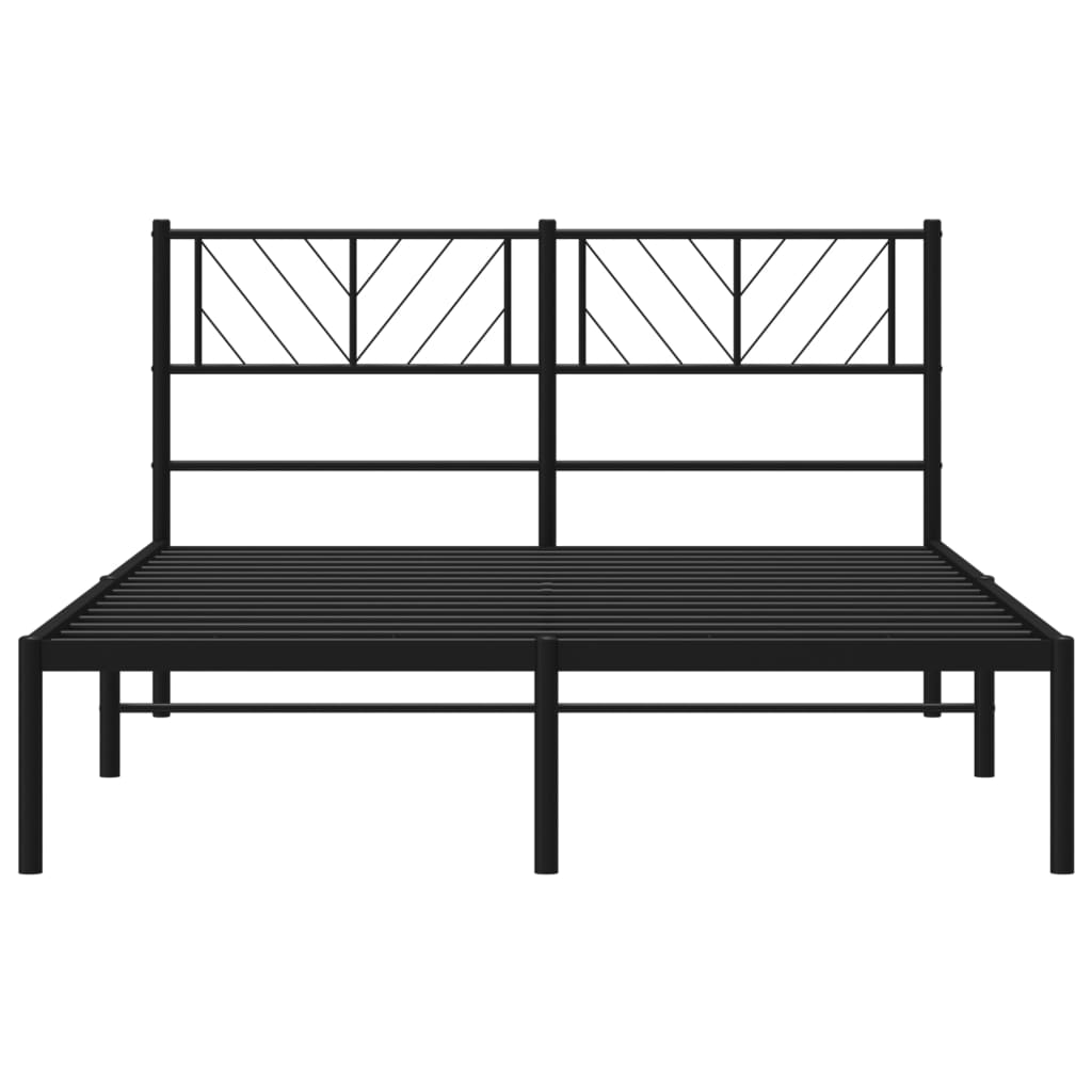 Black metal bed frame with a geometric patterned headboard and white mattress