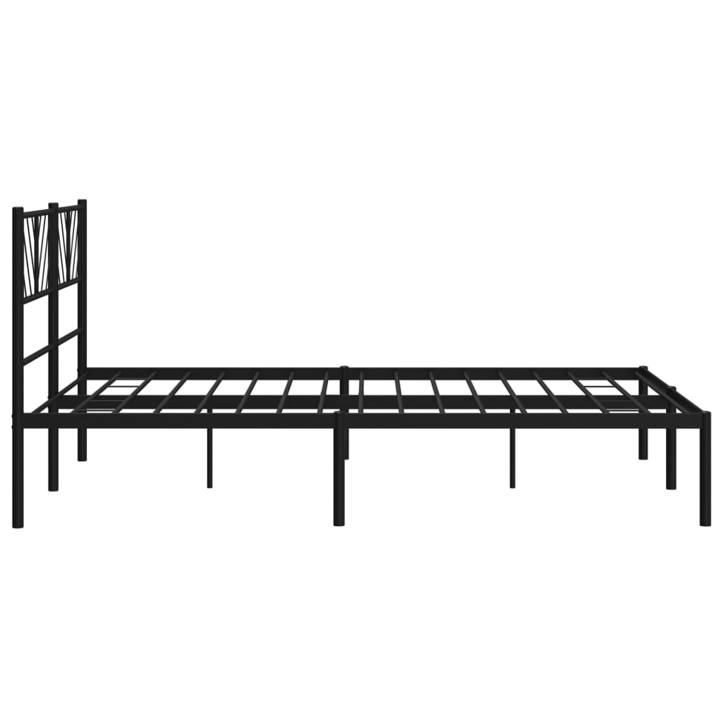 Black metal platform bed frame with geometric headboard design