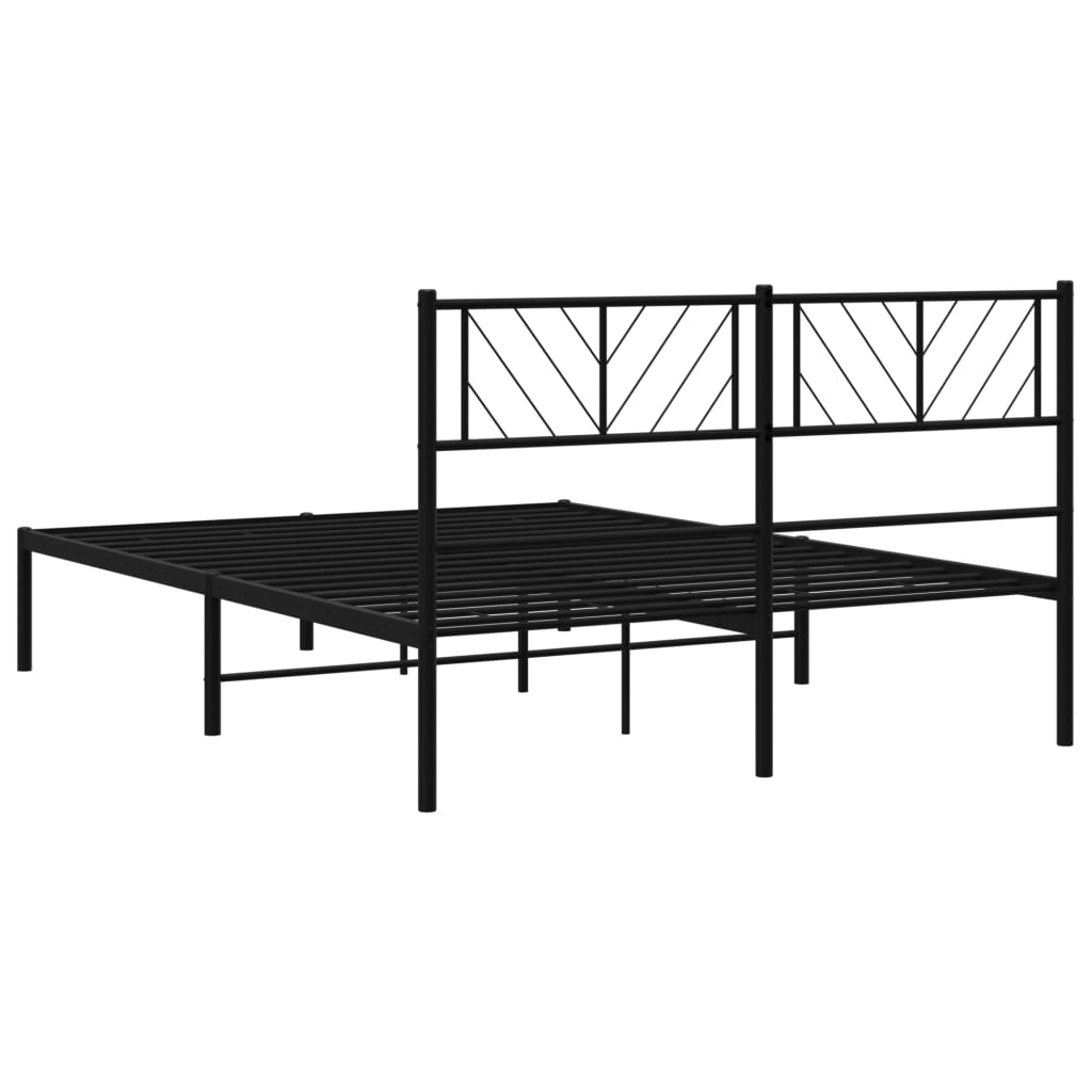 Black metal platform bed frame with a geometric headboard design