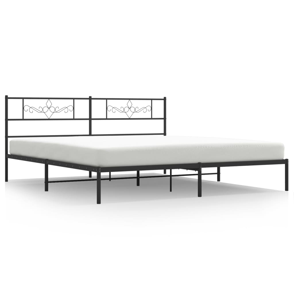 White metal bed frame with decorative headboard and dimensions