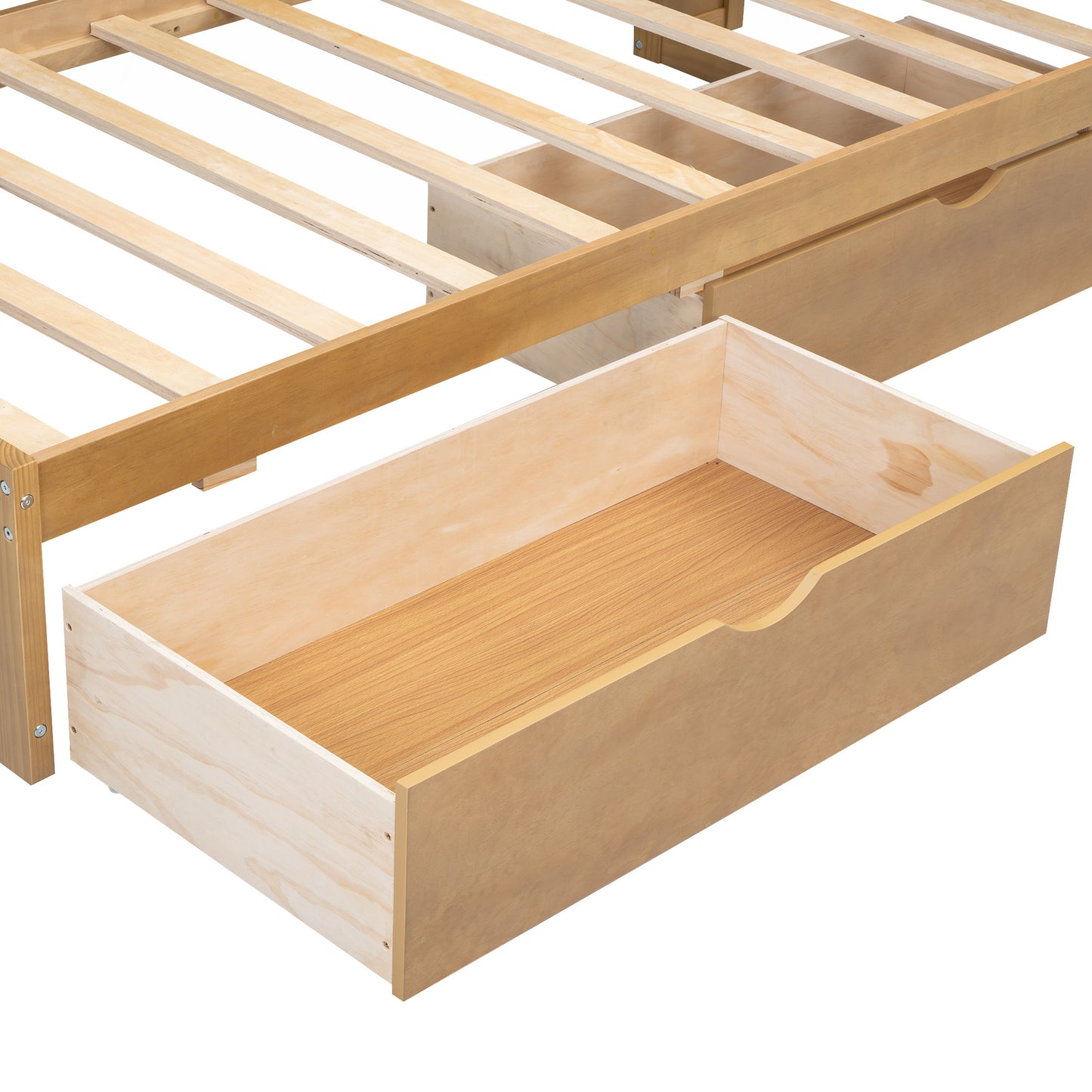 Natural wood twin bed frame with exposed slats and one open storage drawer