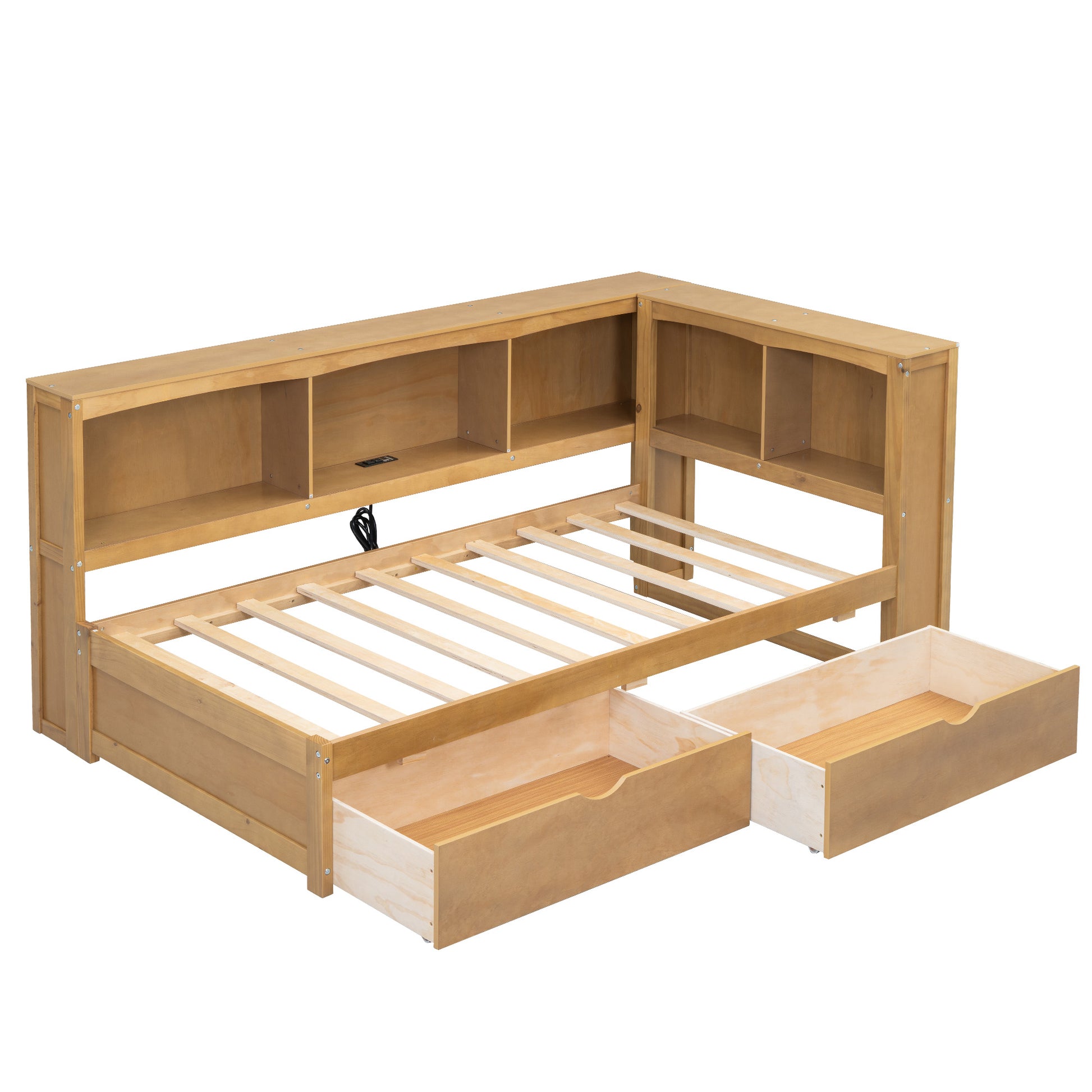 Natural wood daybed with storage drawers and headboard shelving