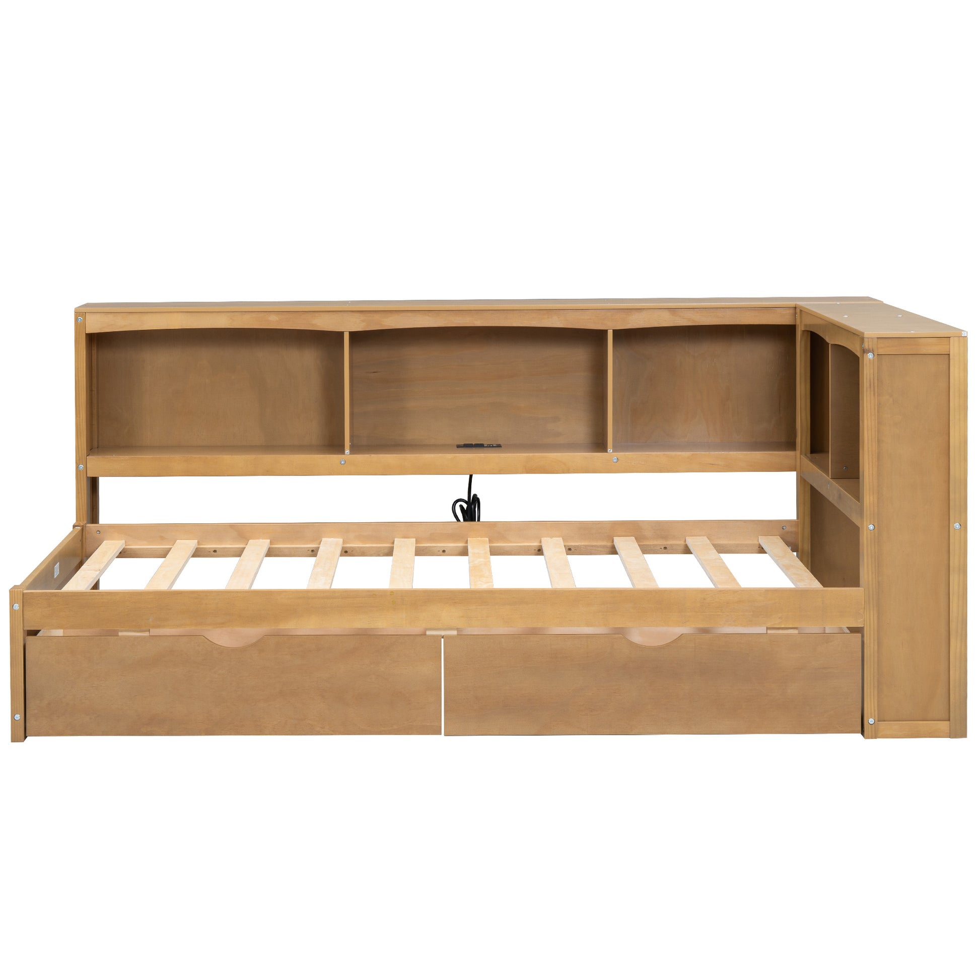 Natural wood twin bed frame with builtin bookcase headboard and two drawers