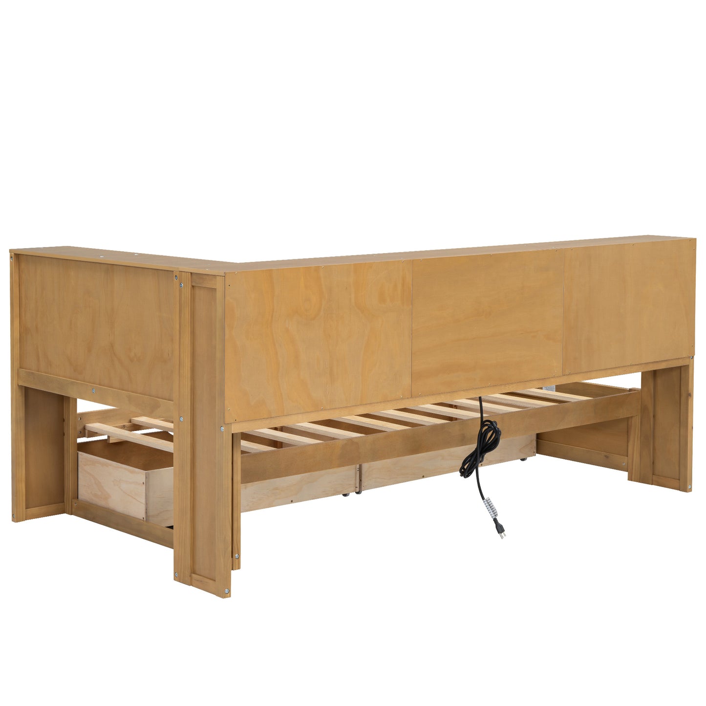 Natural wood loft bed with integrated storage drawer and power cord