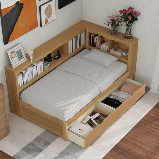 Natural wood twin bed with integrated bookshelves and storage drawers