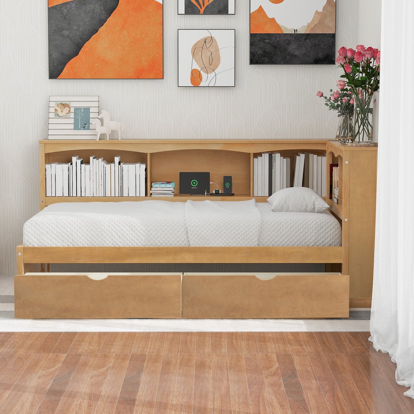 Light wood twin daybed with bookcase headboard and two storage drawers