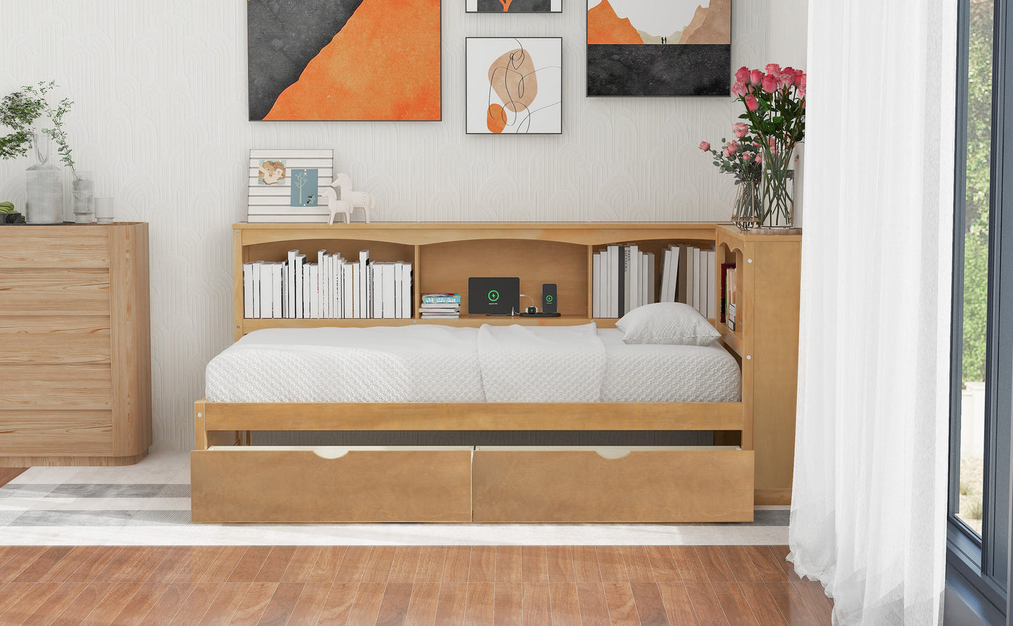 Natural wood twin bed frame with integrated bookcase headboard and storage drawers