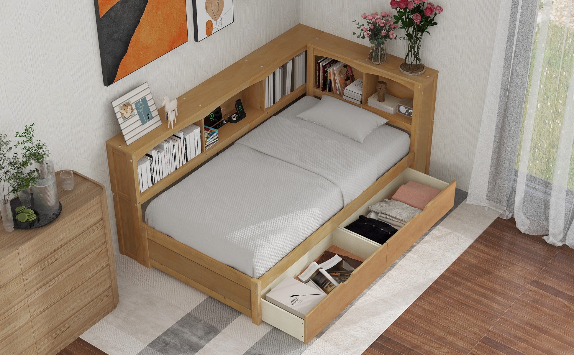 Natural wood twin bed with integrated bookshelves and storage drawers