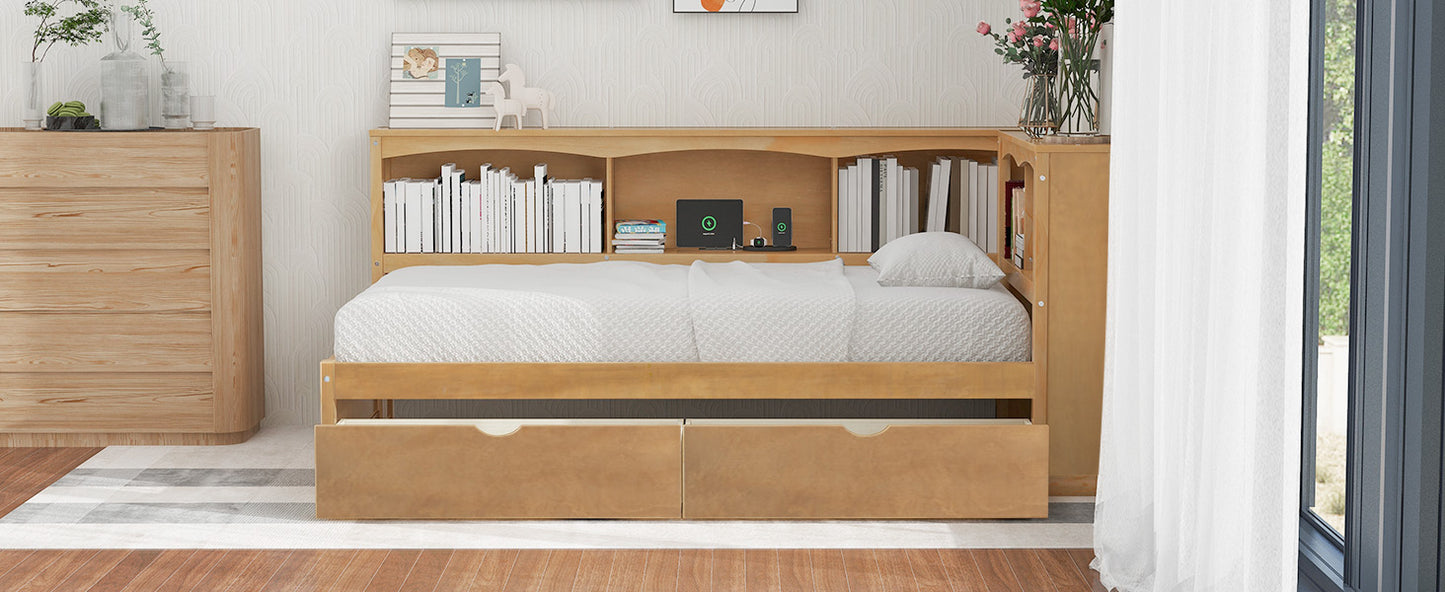 Natural wood twin bed frame with integrated bookcase headboard and storage drawers