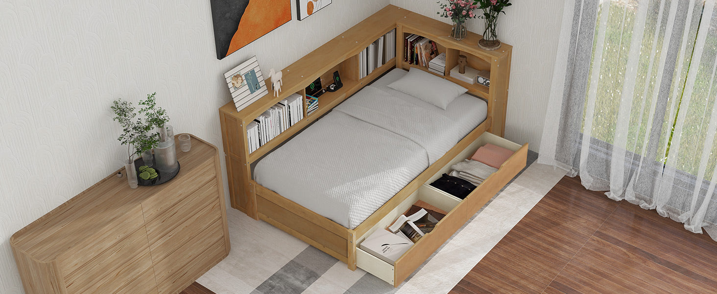 Wooden platform bed with builtin bookshelves and storage drawers
