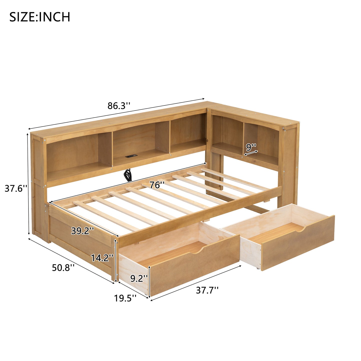 Natural wood twin daybed with builtin shelving and drawers