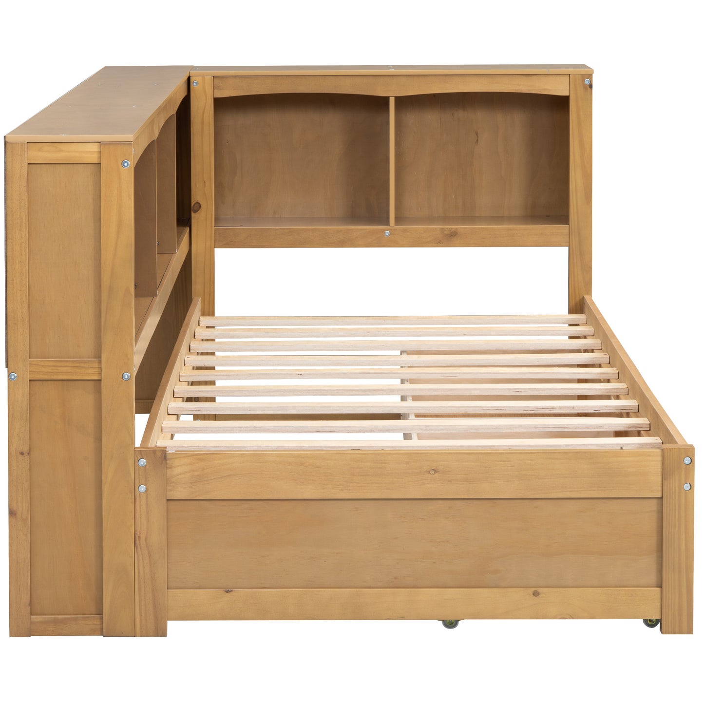 Natural wood finish Lshaped bunk bed with integrated bookcase
