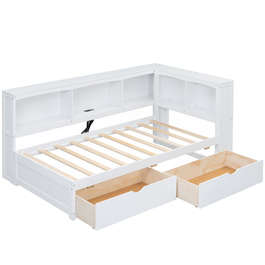 White wooden daybed with builtin shelving and two storage drawers open