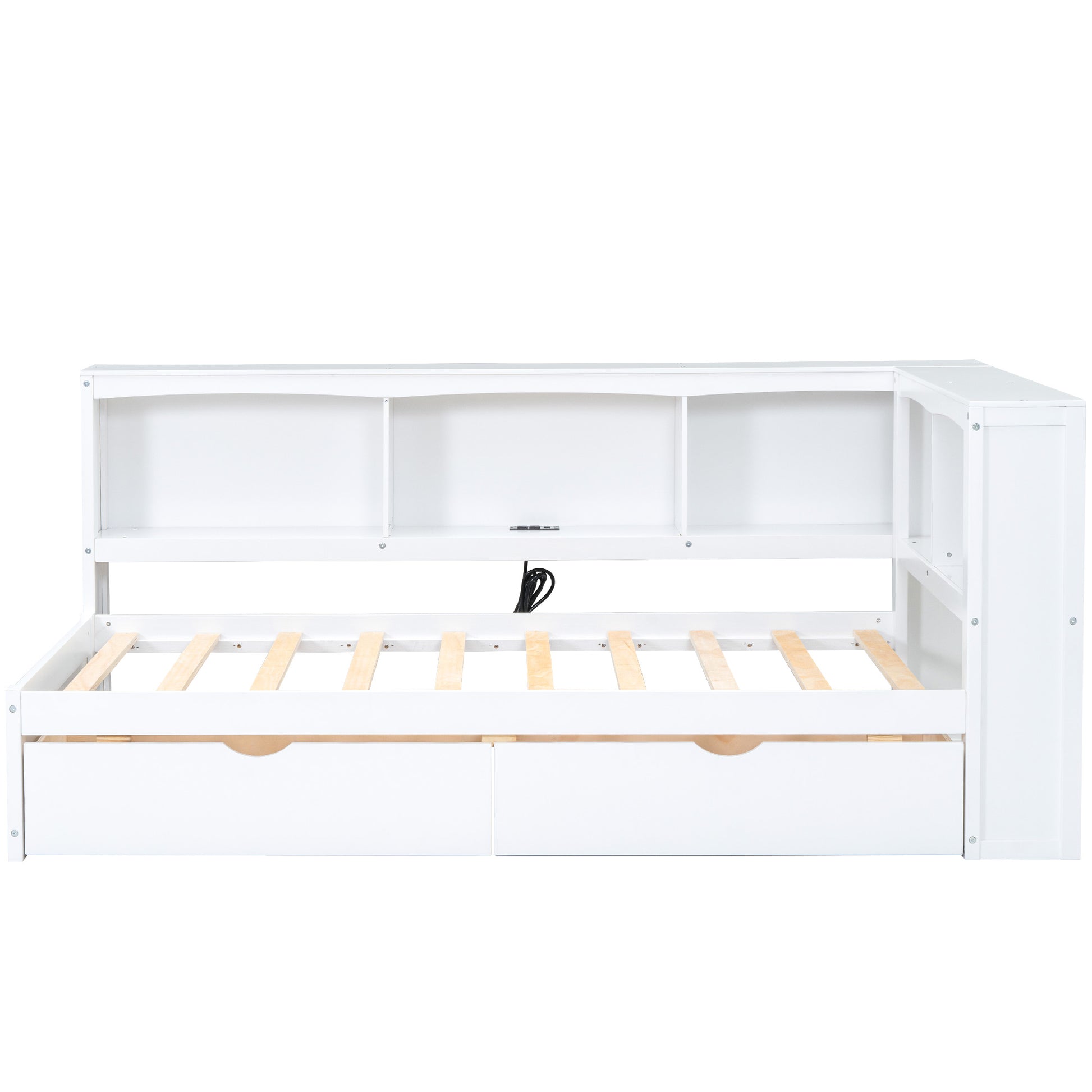 White Lshaped daybed with integrated shelving and two storage drawers