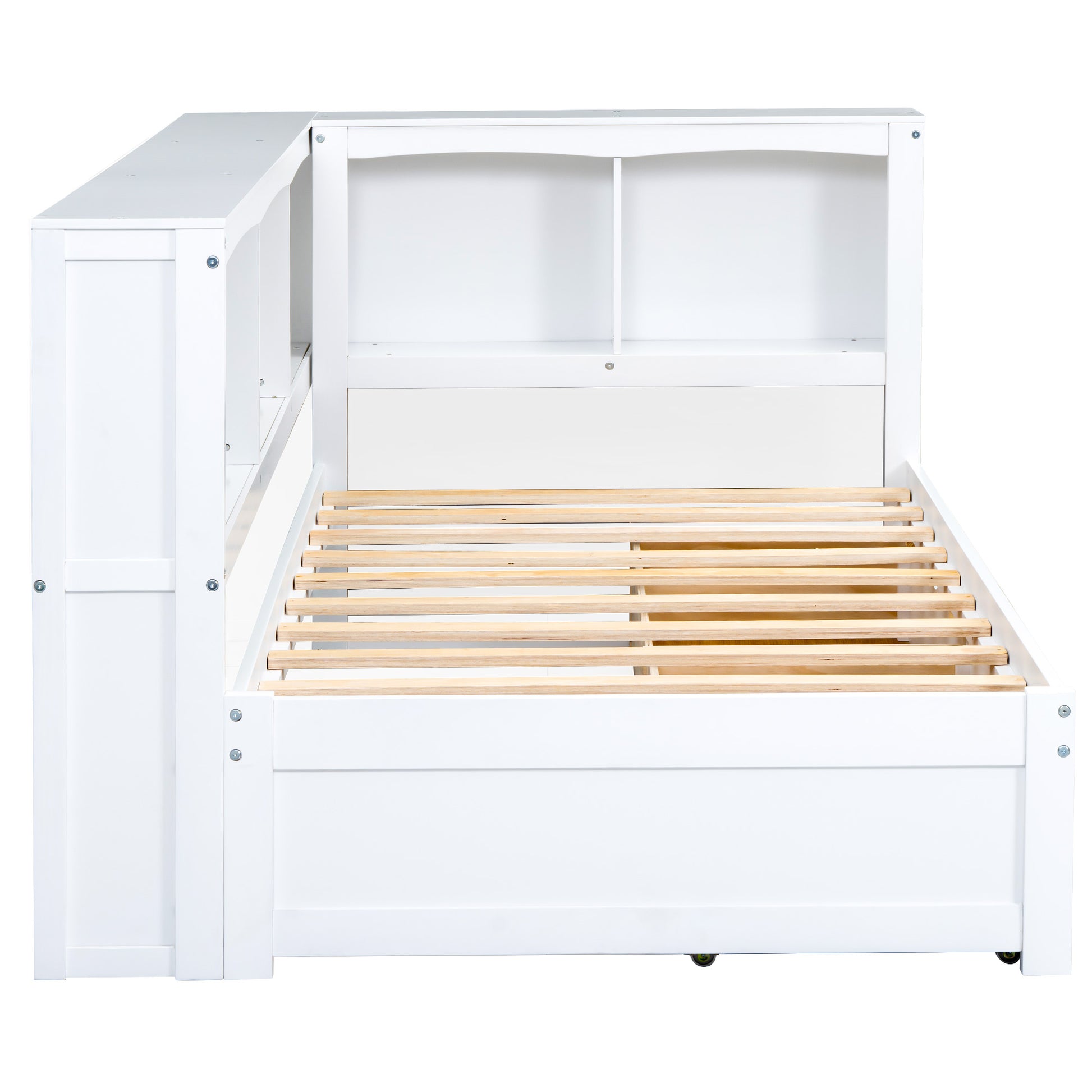 White wooden twin bed frame with integrated bookshelf headboard and storage drawers