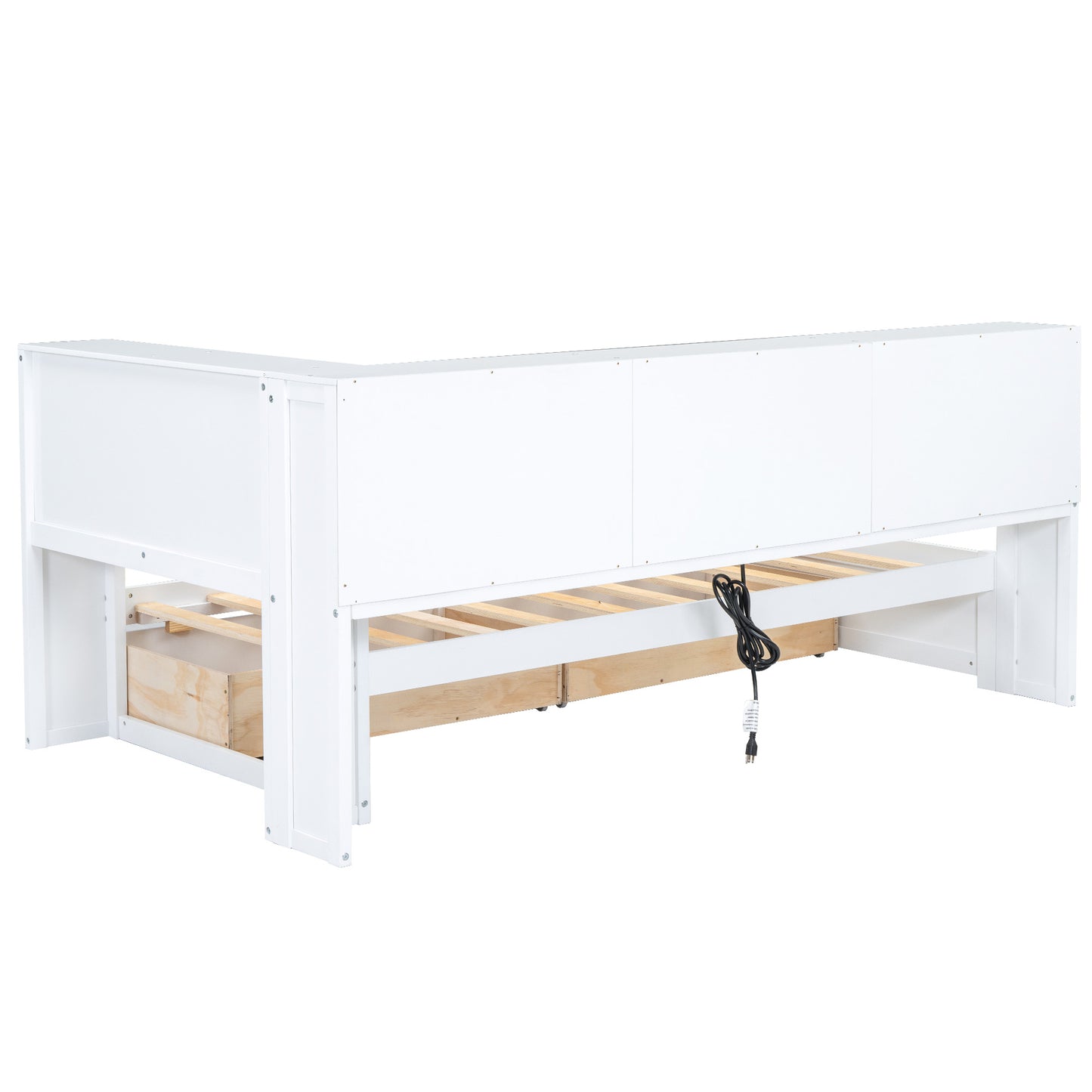 White wood loft bed frame with exposed slats and integrated drawer