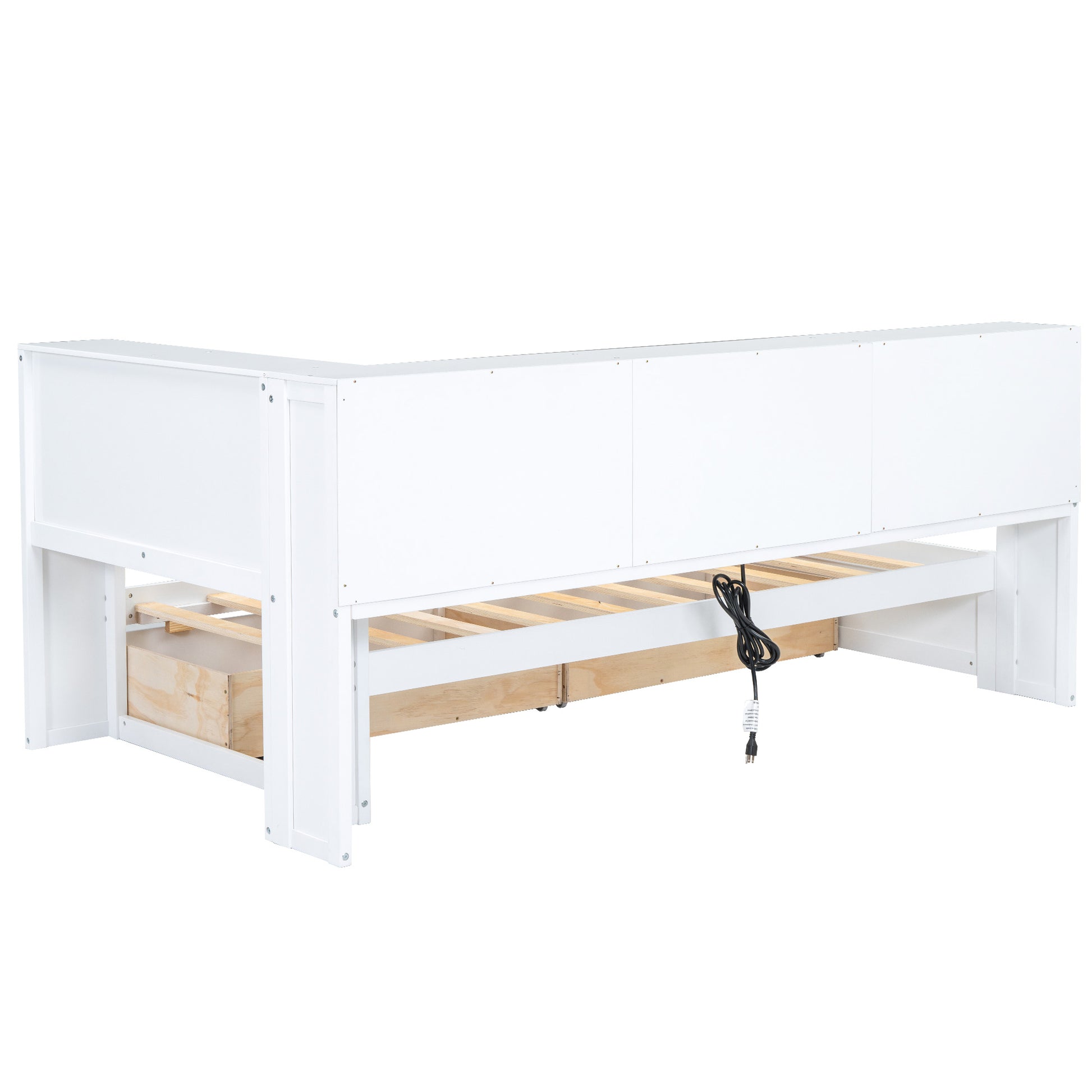 White wood loft bed frame with exposed slats and integrated drawer