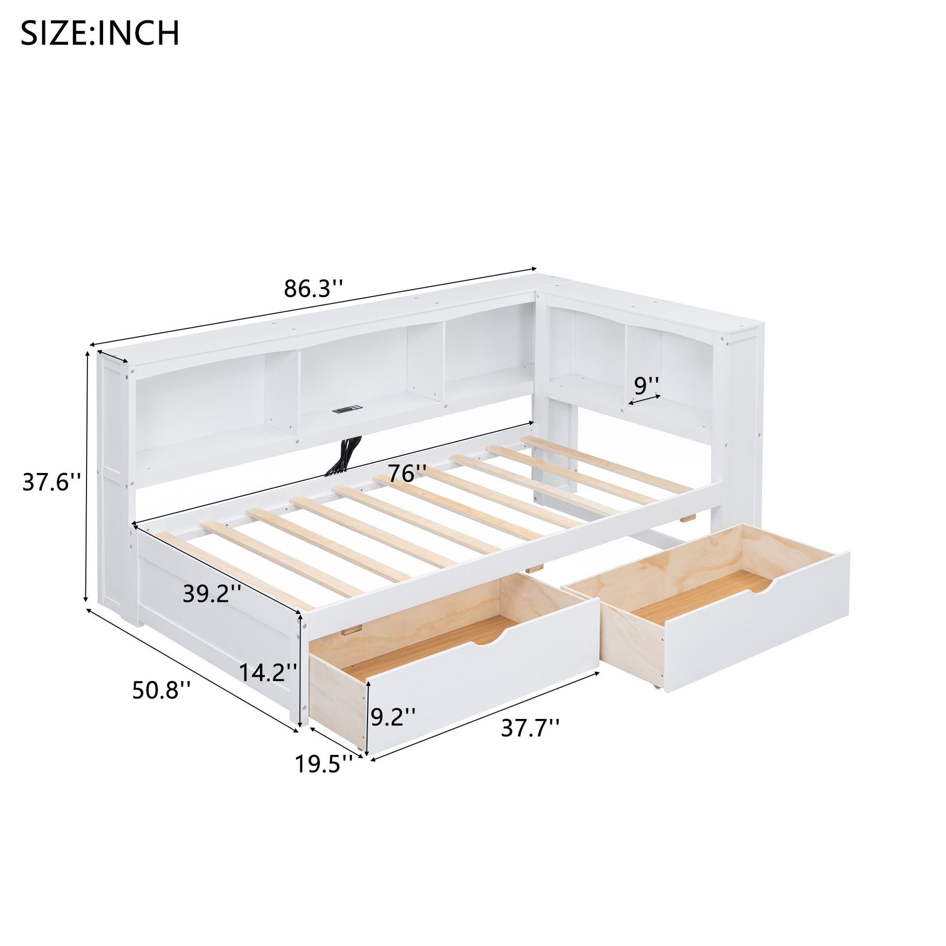 White twin daybed with bookcase headboard and two storage drawers