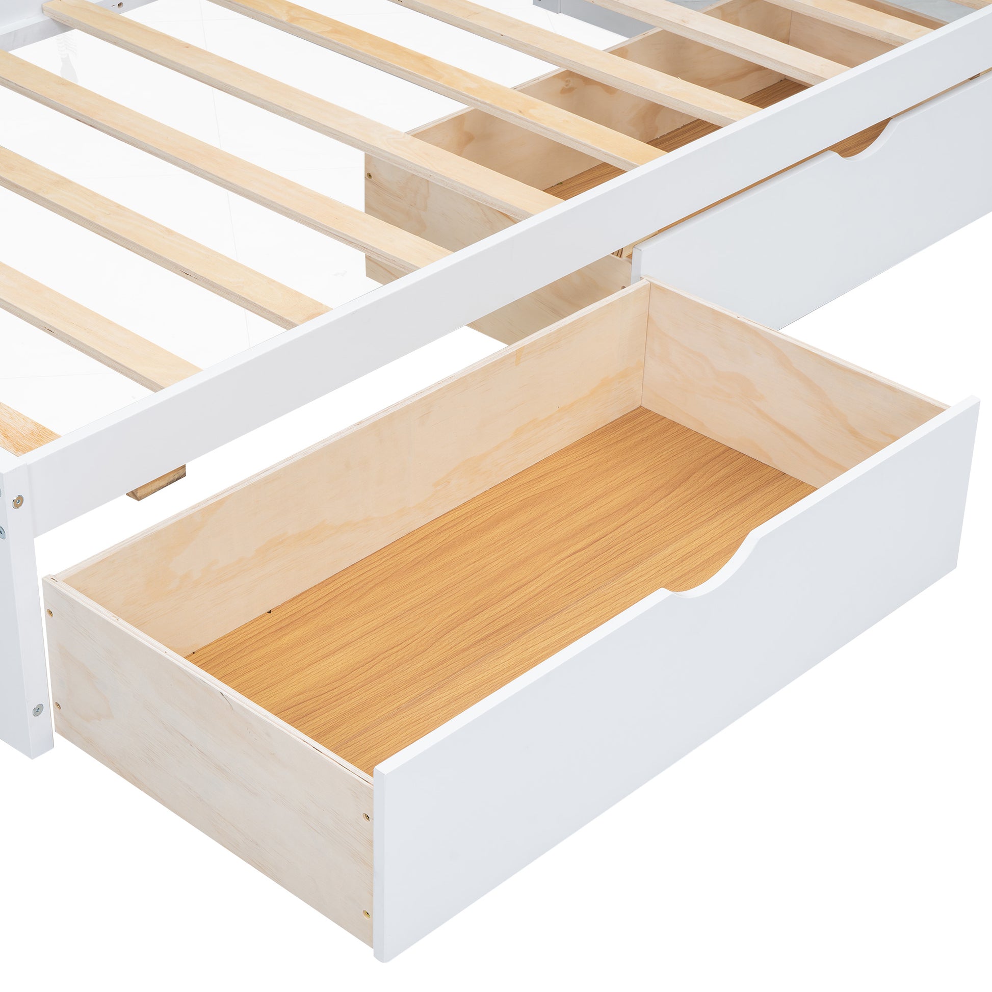 White wooden bed frame with pullout drawer for storage