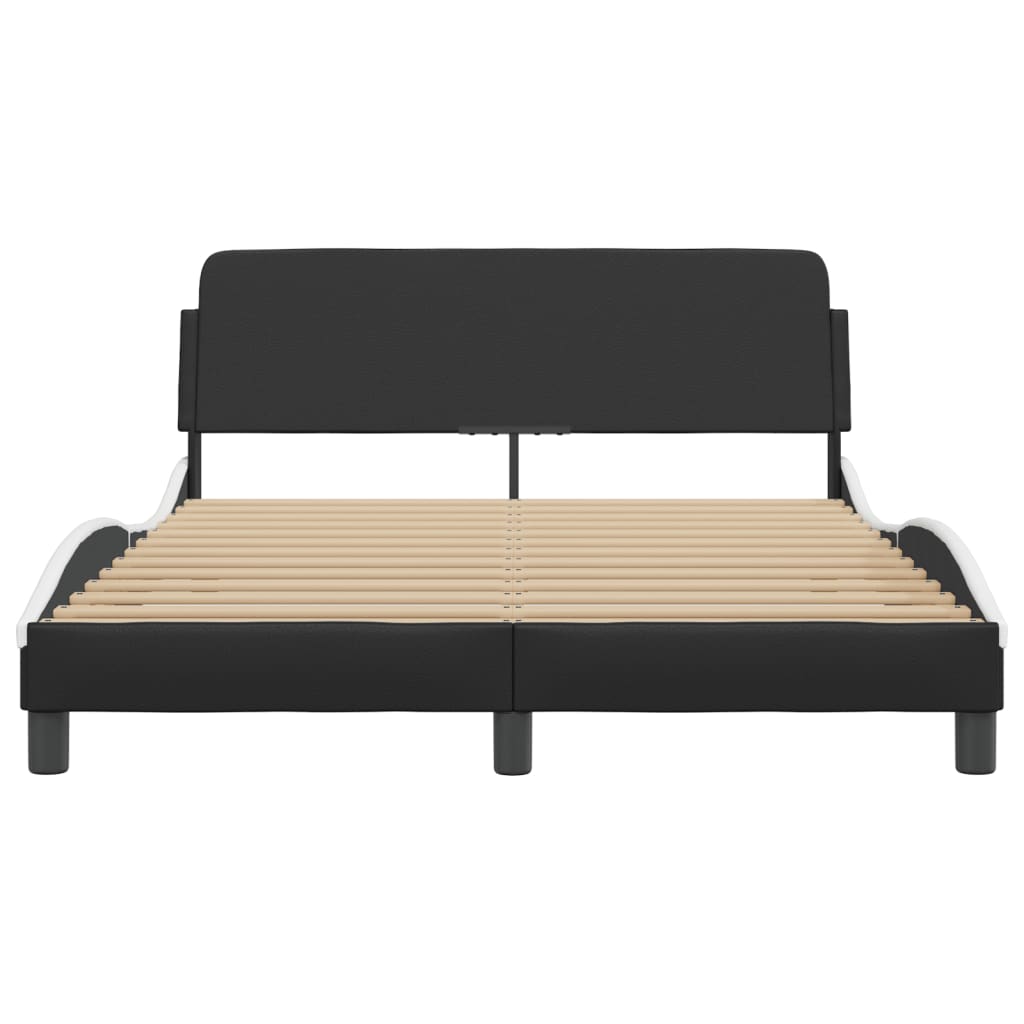 Black upholstered bed frame with a curved headboard and wooden slats
