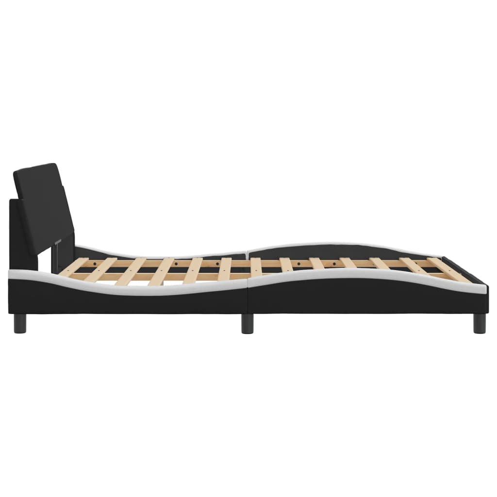 Black upholstered bed frame with wooden slats