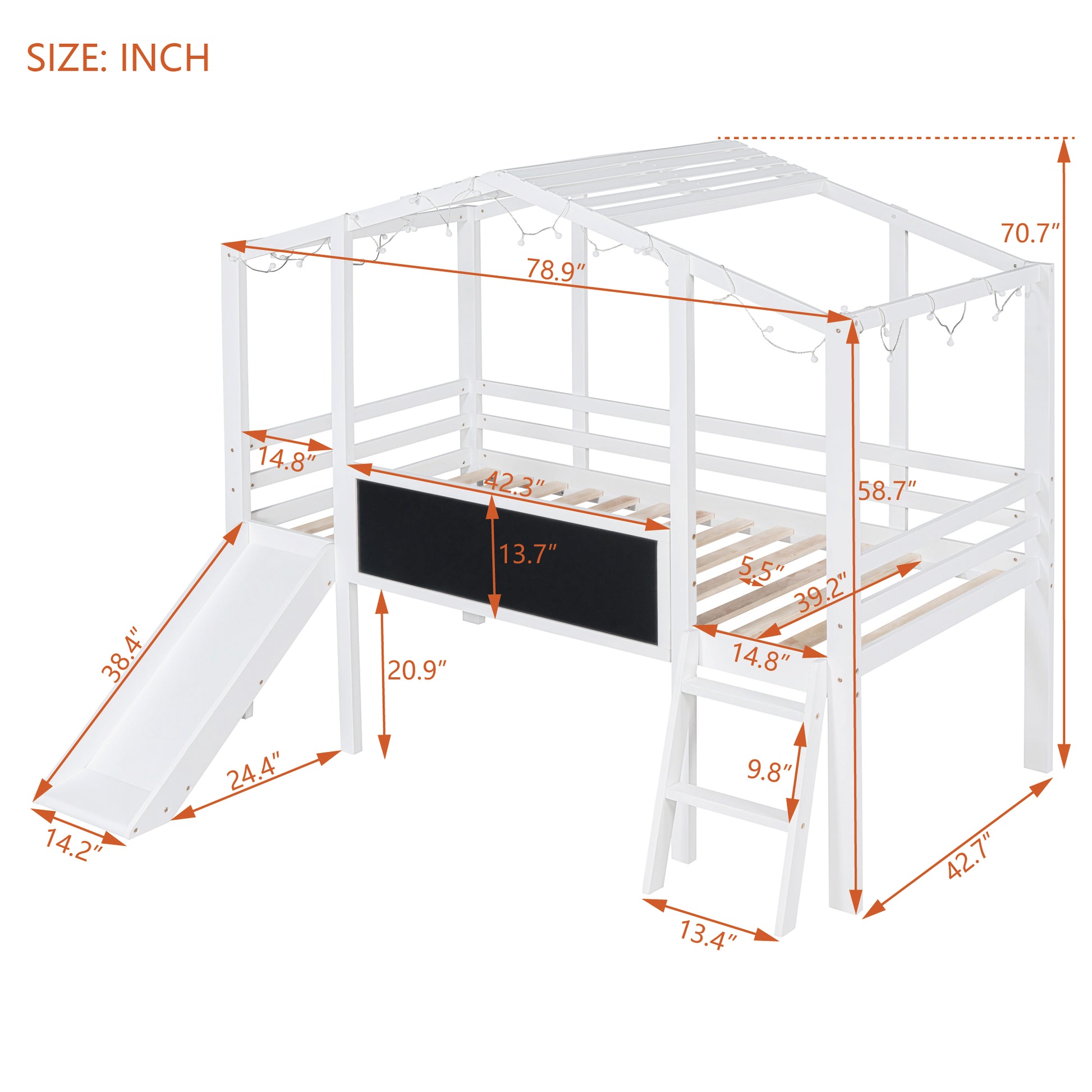 White wooden house loft bed with slide and ladder for kids