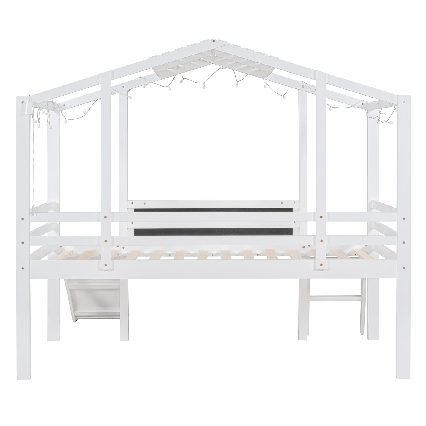 White wooden house bed frame with fairy lights
