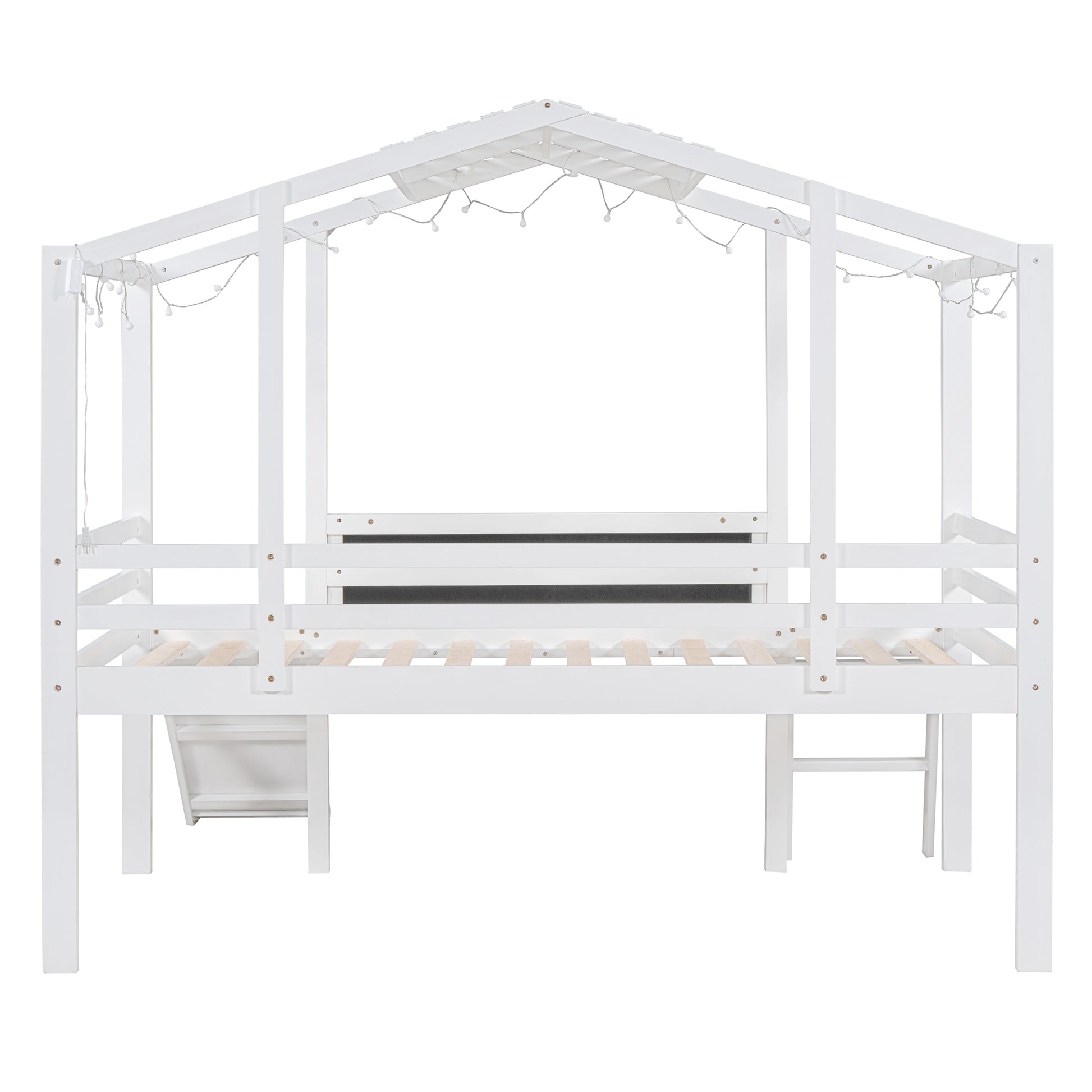 White wooden house bed frame with fairy lights