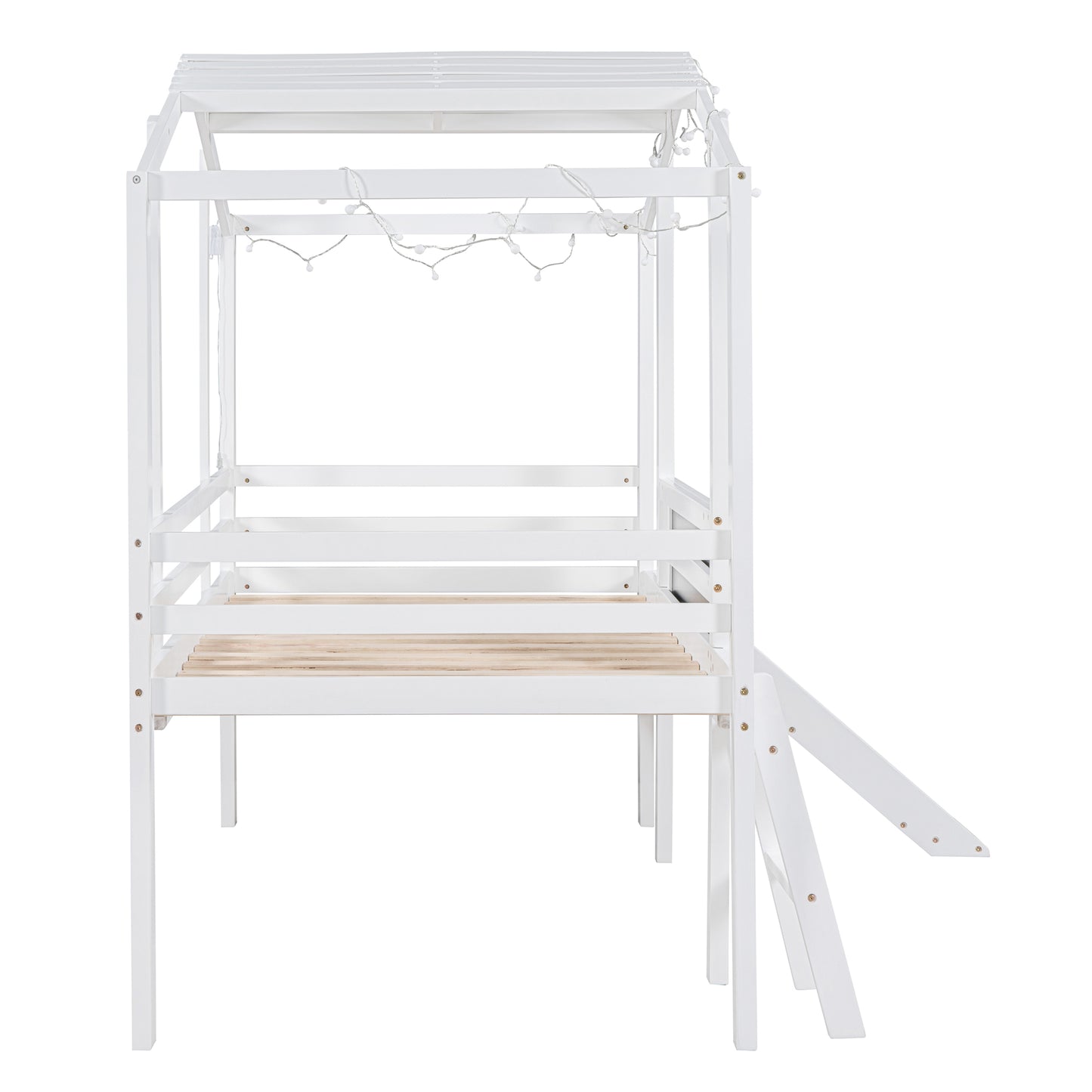 White wooden house bed frame with integrated string lights and slide