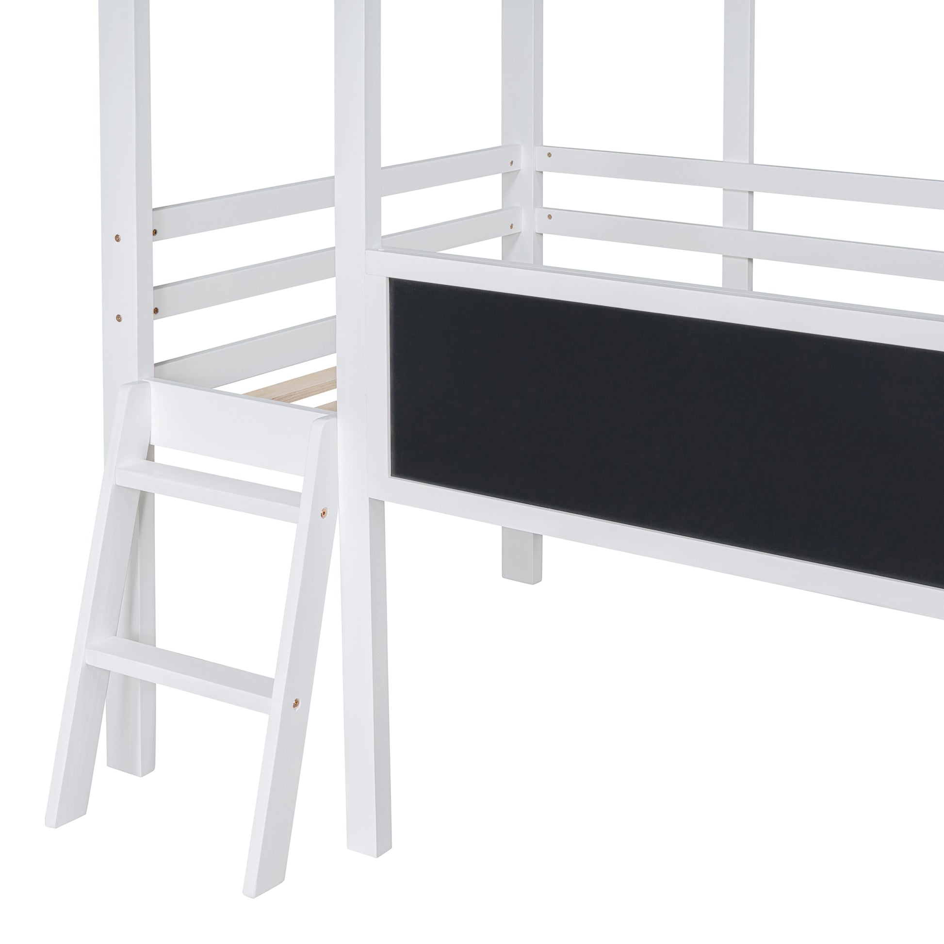 White wooden bunk bed with ladder and chalkboard panel