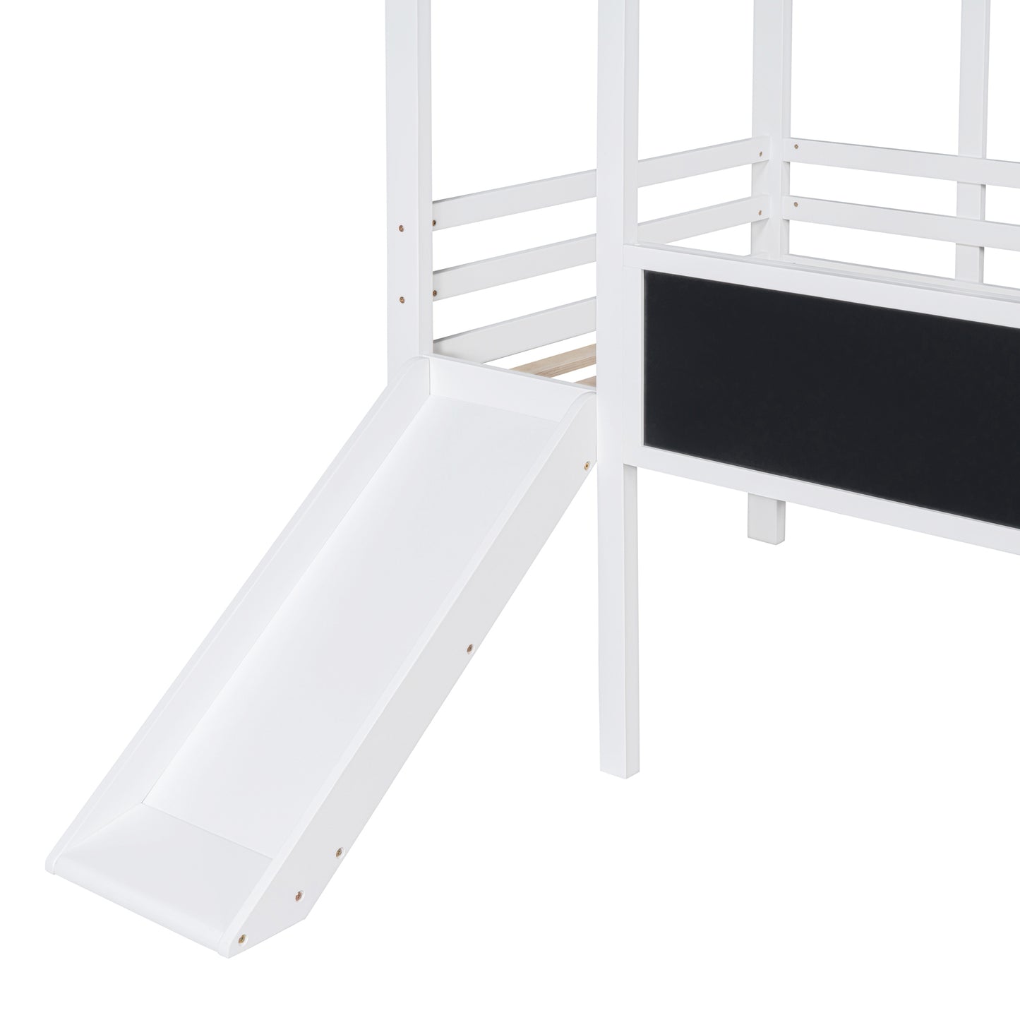 White wooden loft bed slide with chalkboard side panel for kids room
