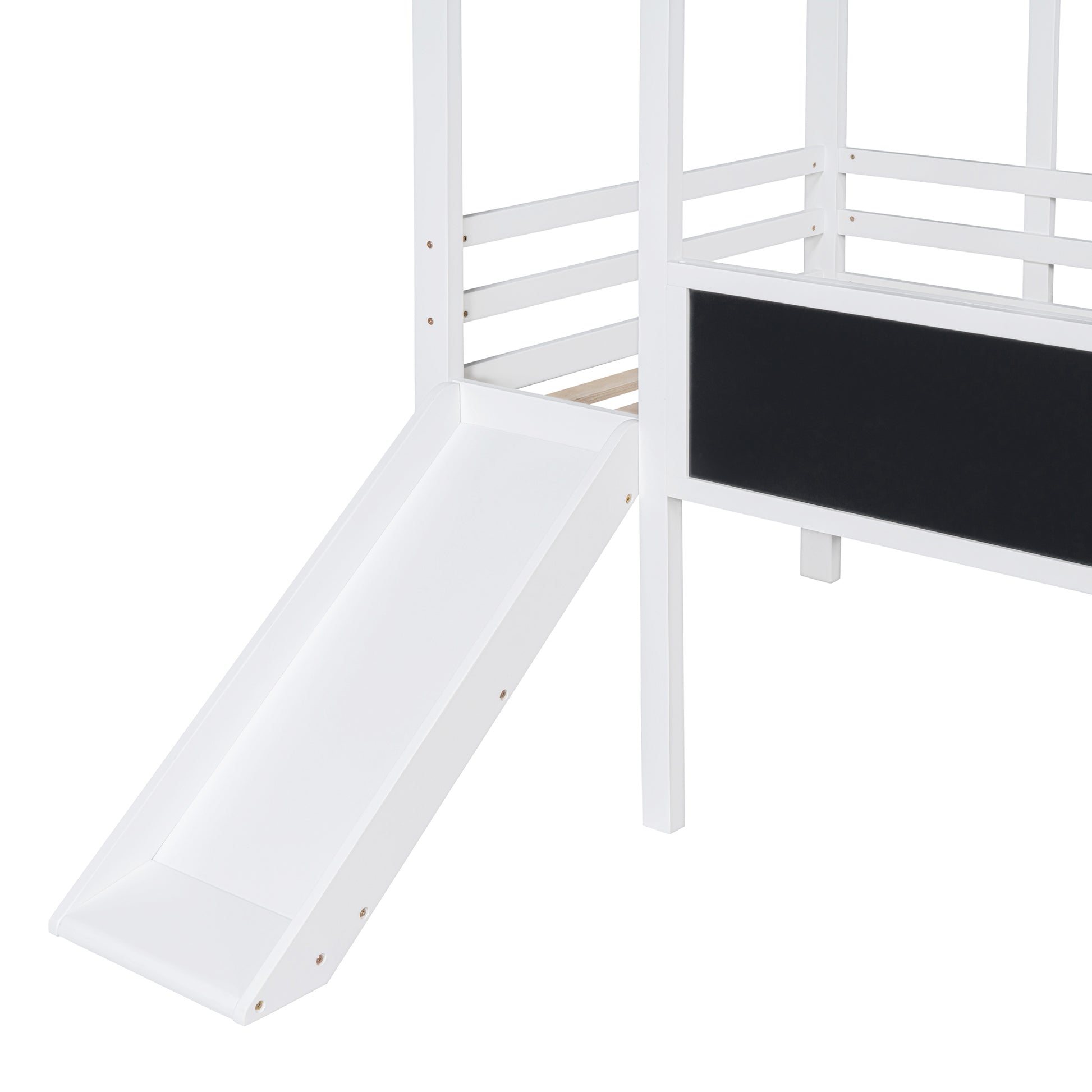 White wooden loft bed slide with chalkboard side panel for kids room