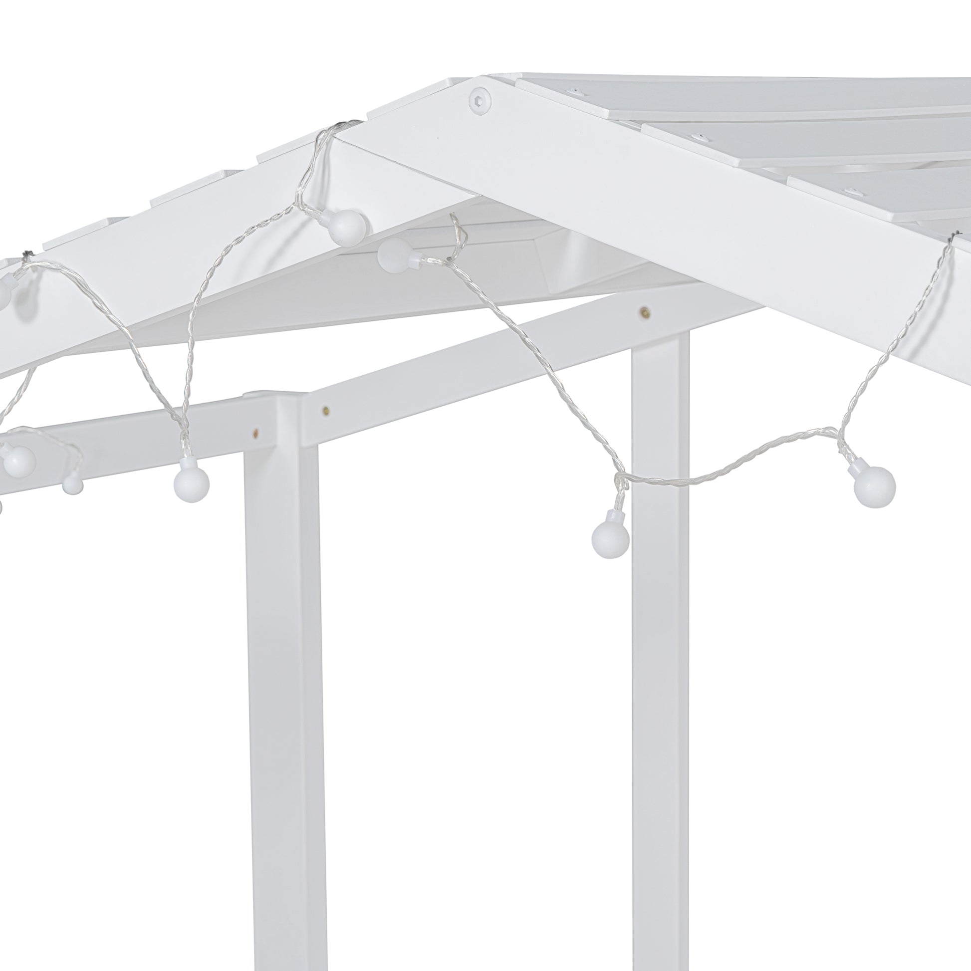 White wooden house bed frame with string lights