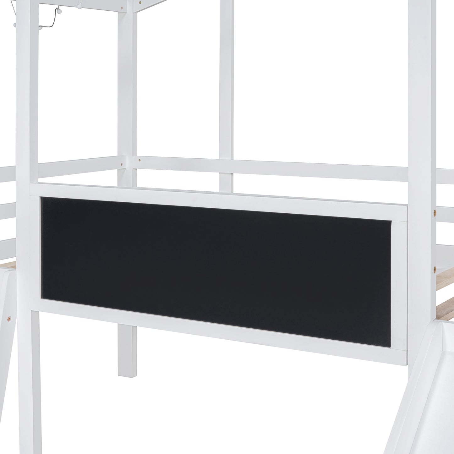 White wooden loft bed frame with integrated chalkboard panel