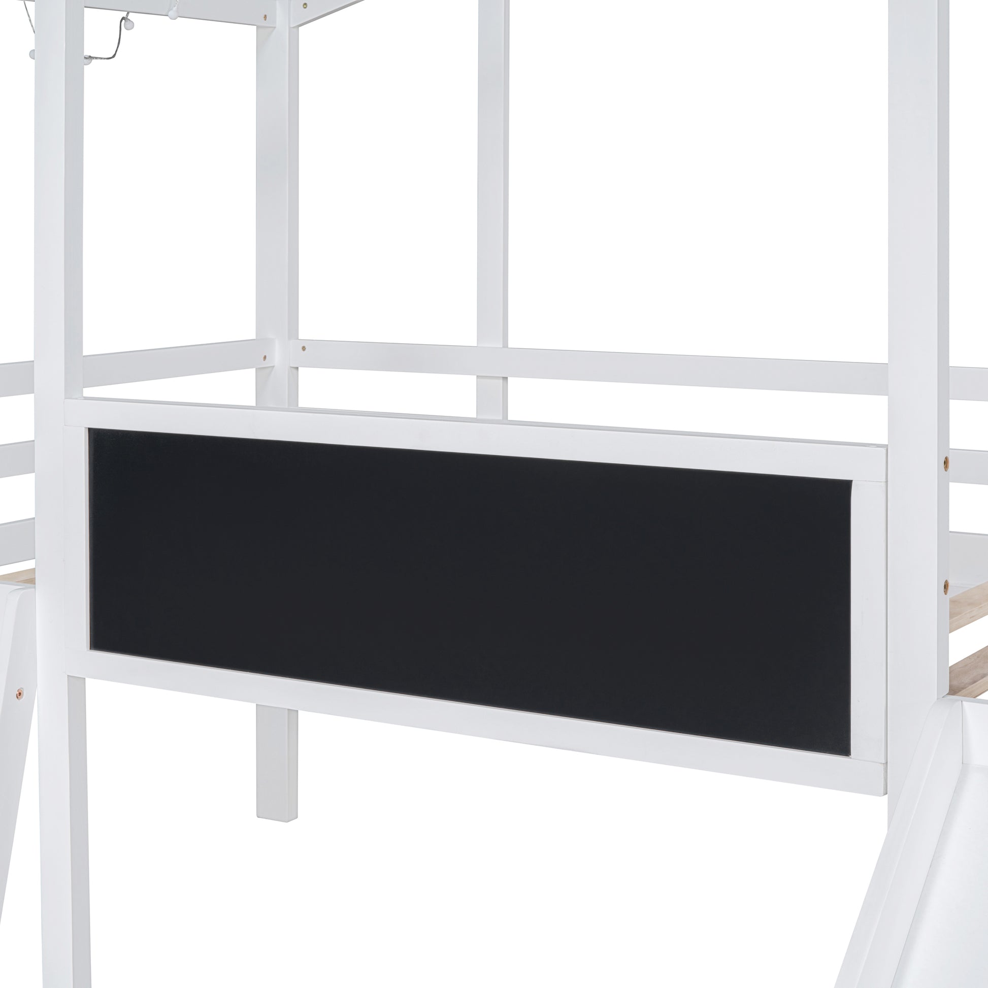 White wooden loft bed frame with integrated chalkboard panel