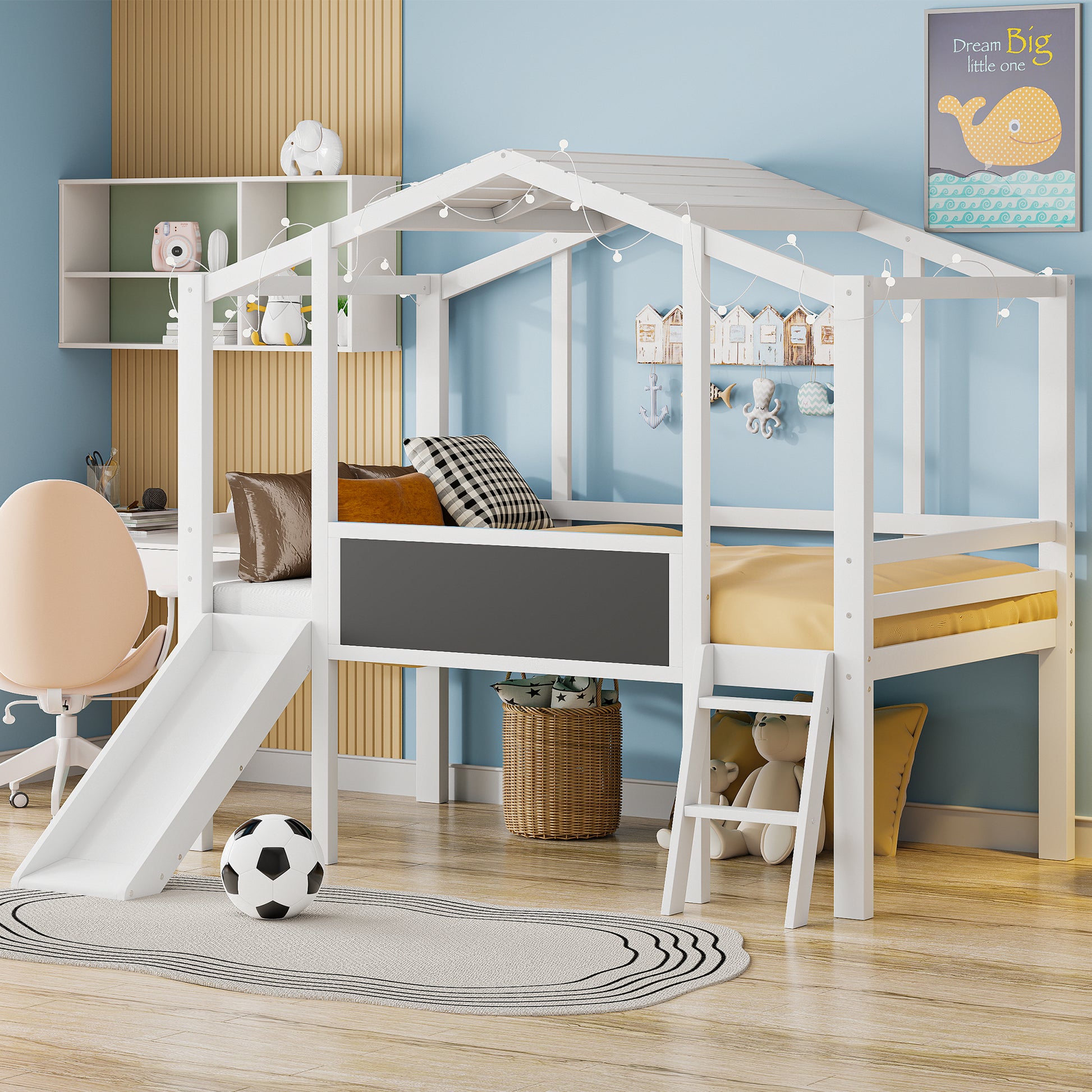 White house frame twin bed with slide and chalkboard
