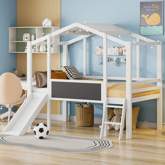 White house frame twin bed with slide and chalkboard