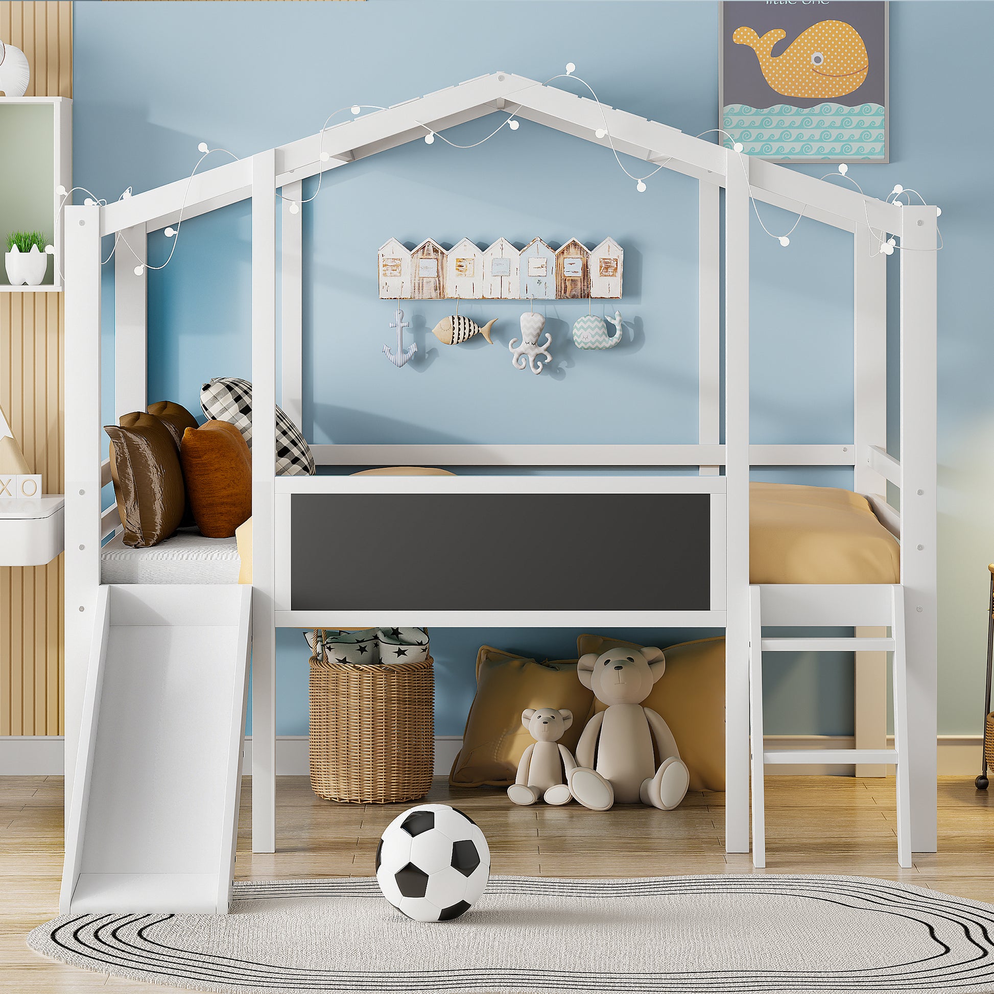 White wooden house bed frame with slide and chalkboard for kids playroom