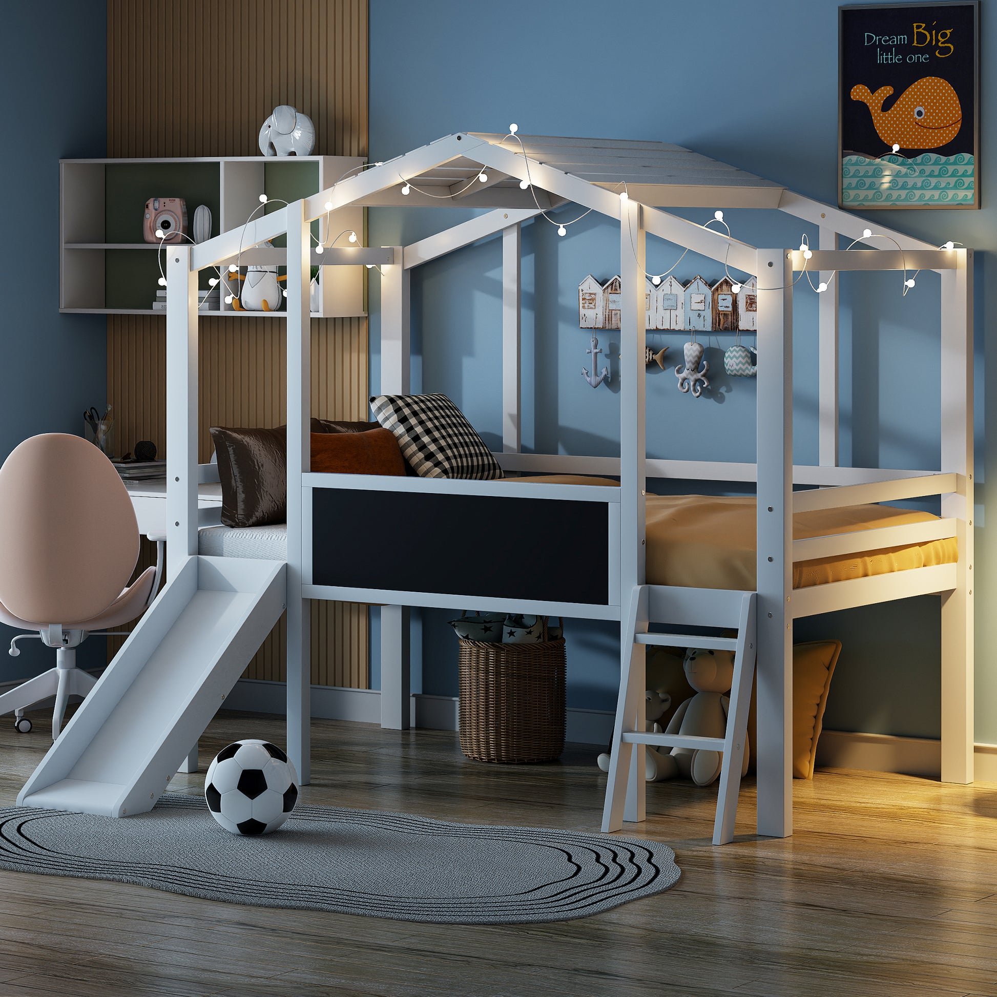 White wooden house bed with slide and string lights