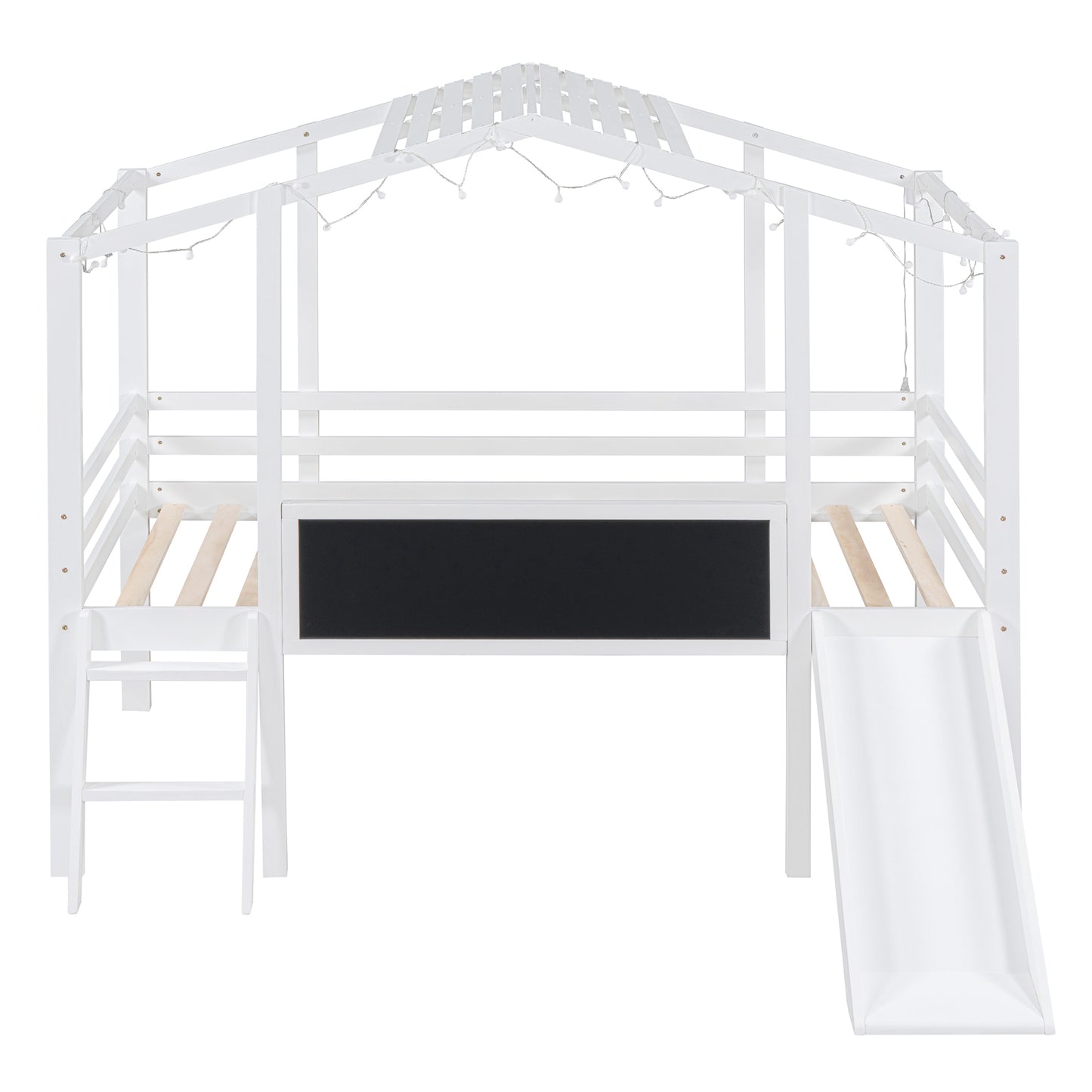 White wooden house loft bed with slide and chalkboard